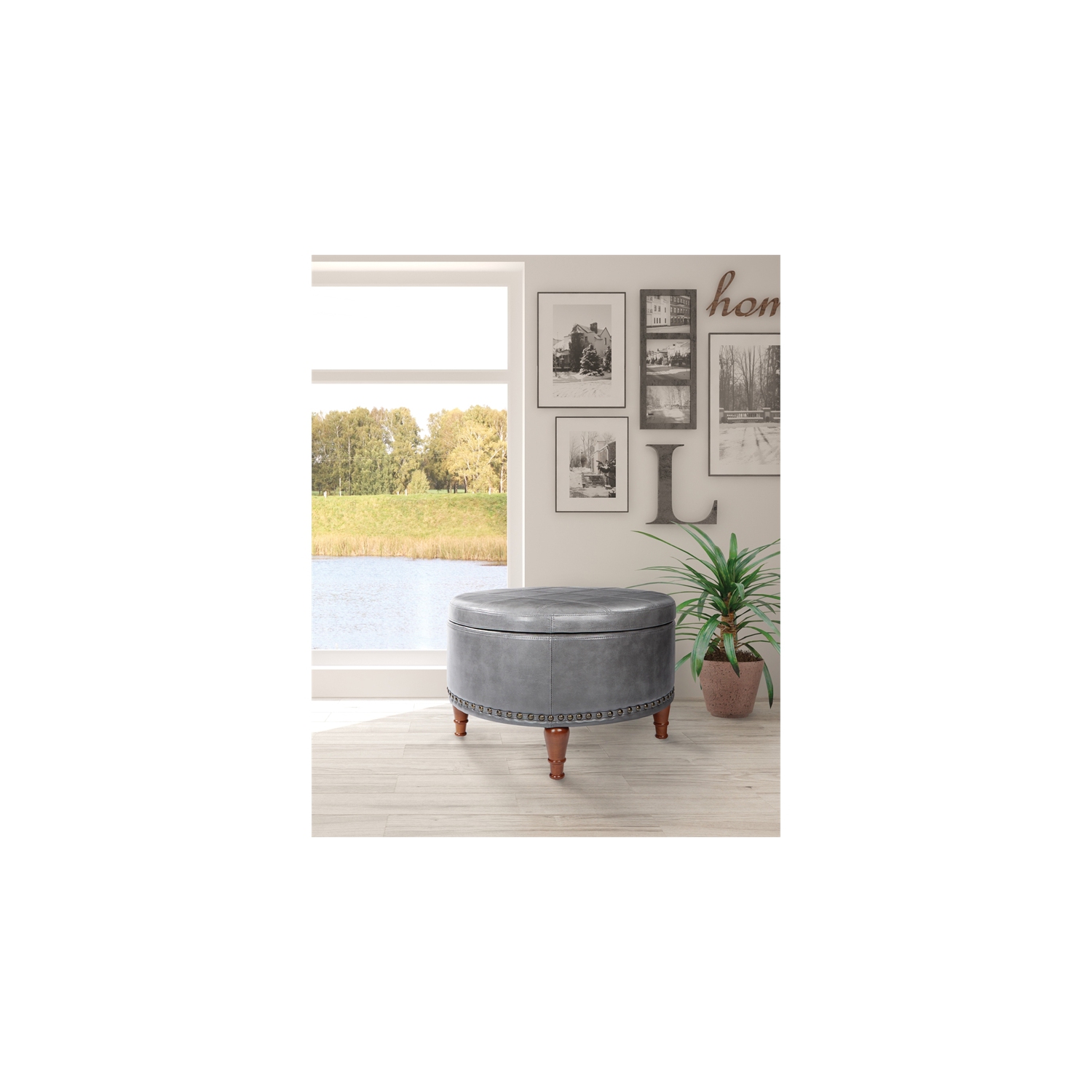 Alloway Storage Ottoman in Pewter Faux Leather with Antique Bronze Nailheads