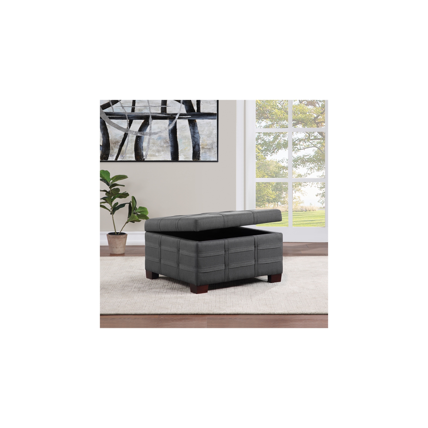 Detour Strap Square Storage Ottoman in Charcoal Fabric