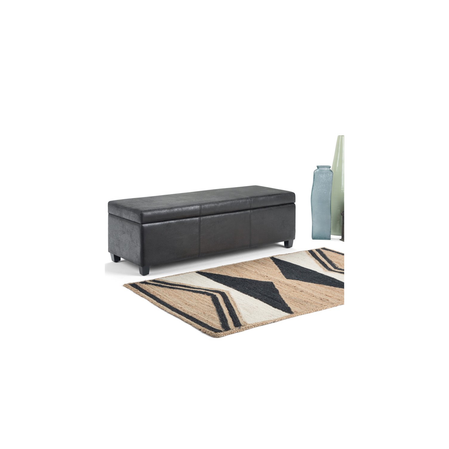Simpli Home Avalon Faux Leather Storage Ottoman Bench in Black