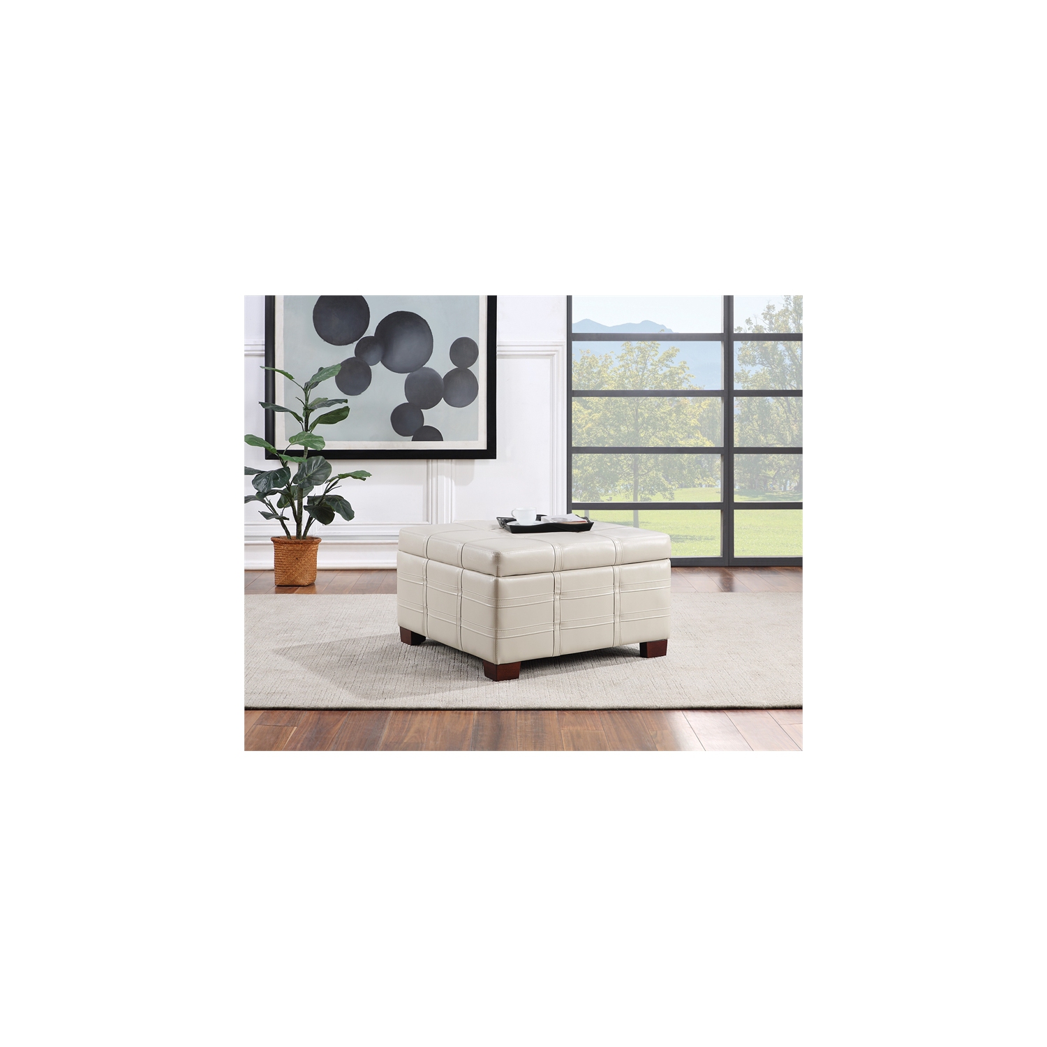 Detour Strap Square Storage Ottoman in Cream Faux Leather