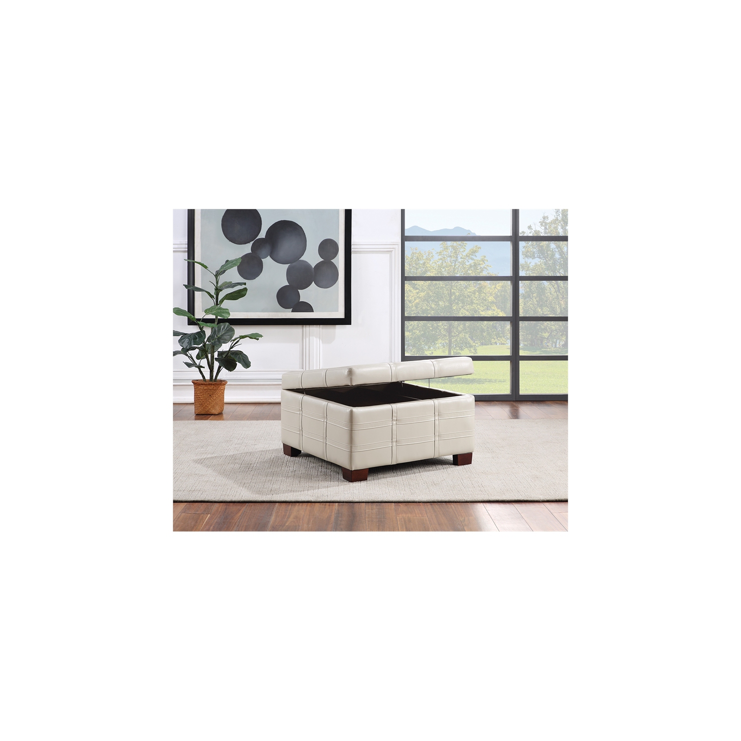 Detour Strap Square Storage Ottoman in Cream Faux Leather