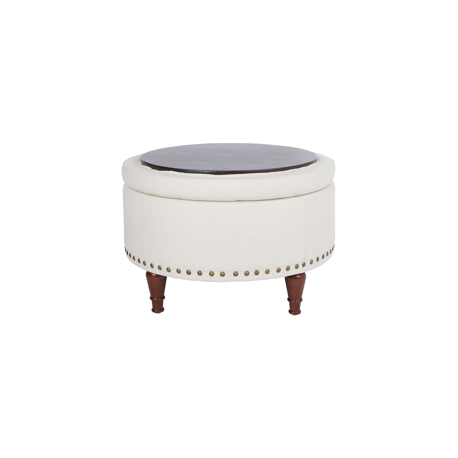Alloway Storage Ottoman in Linen Natural Fabric with Antique Bronze Nailheads