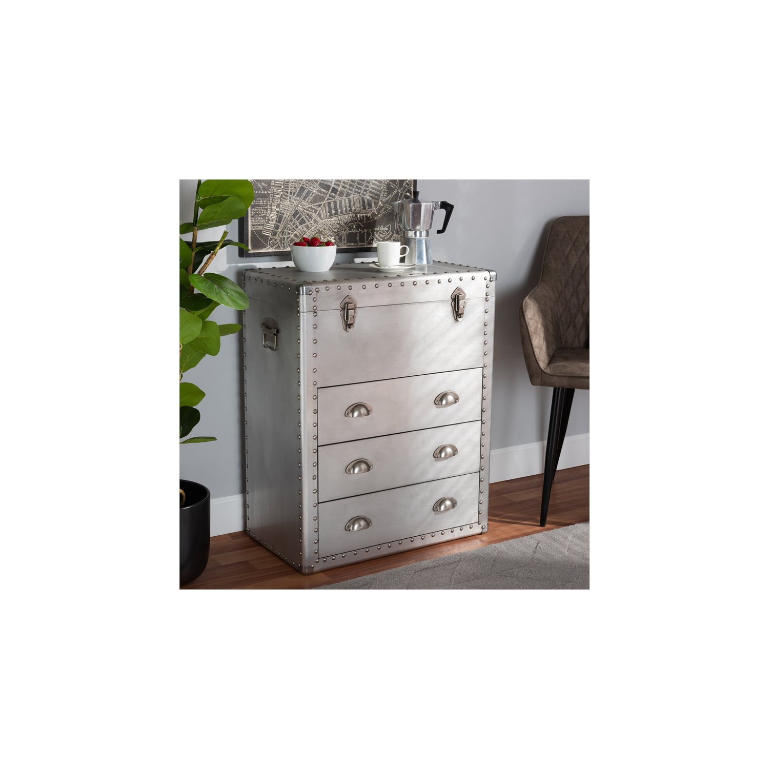 Baxton Studio Serge Silver Metal 3-Drawer Accent Storage Chest
