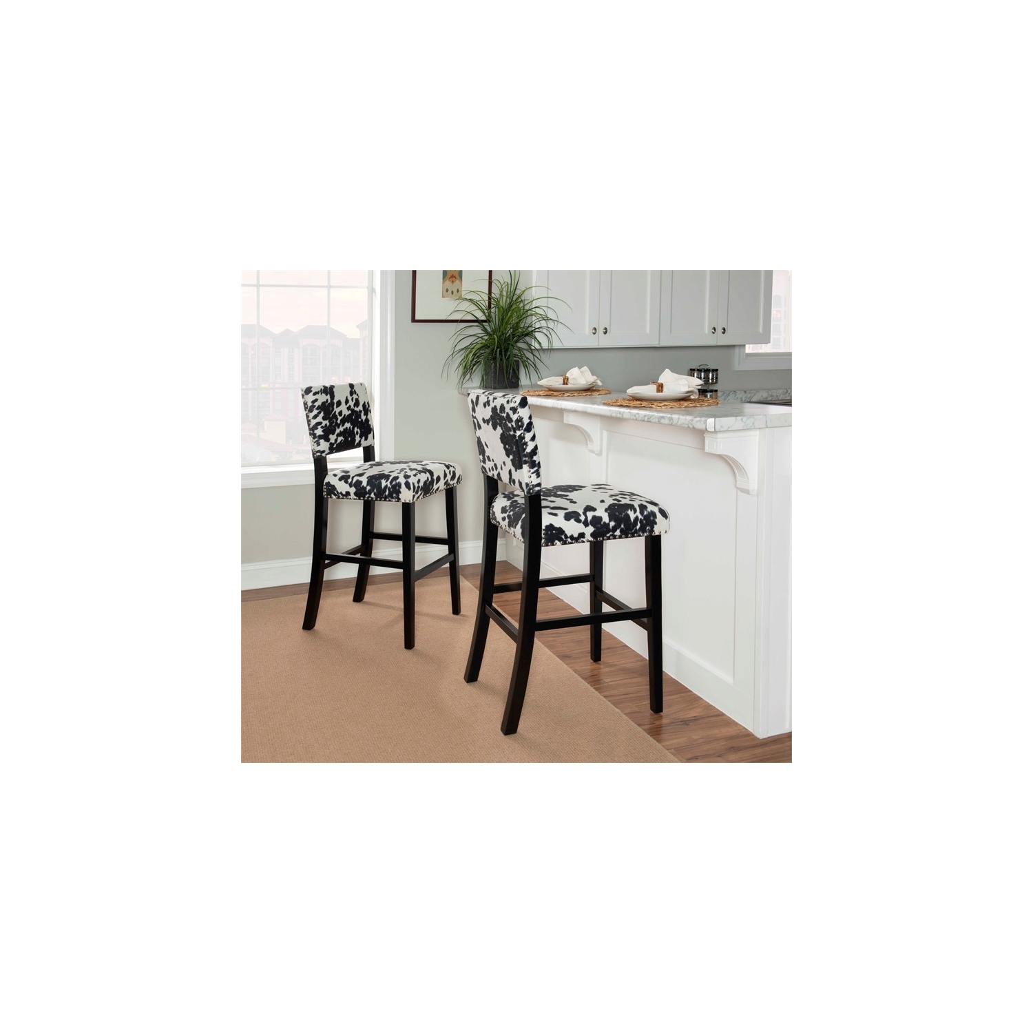 Riverbay Furniture 30" Transitional Wood/Fabric Cow Print Bar Stool in Black