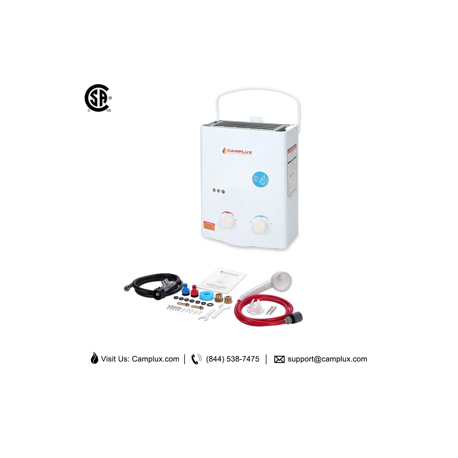 Camplux – Chauffe-eau portatif sans réservoir de 1,32 gal/min 34&nbsp;000&nbsp;BTU pour VR, camping, granges, blanc