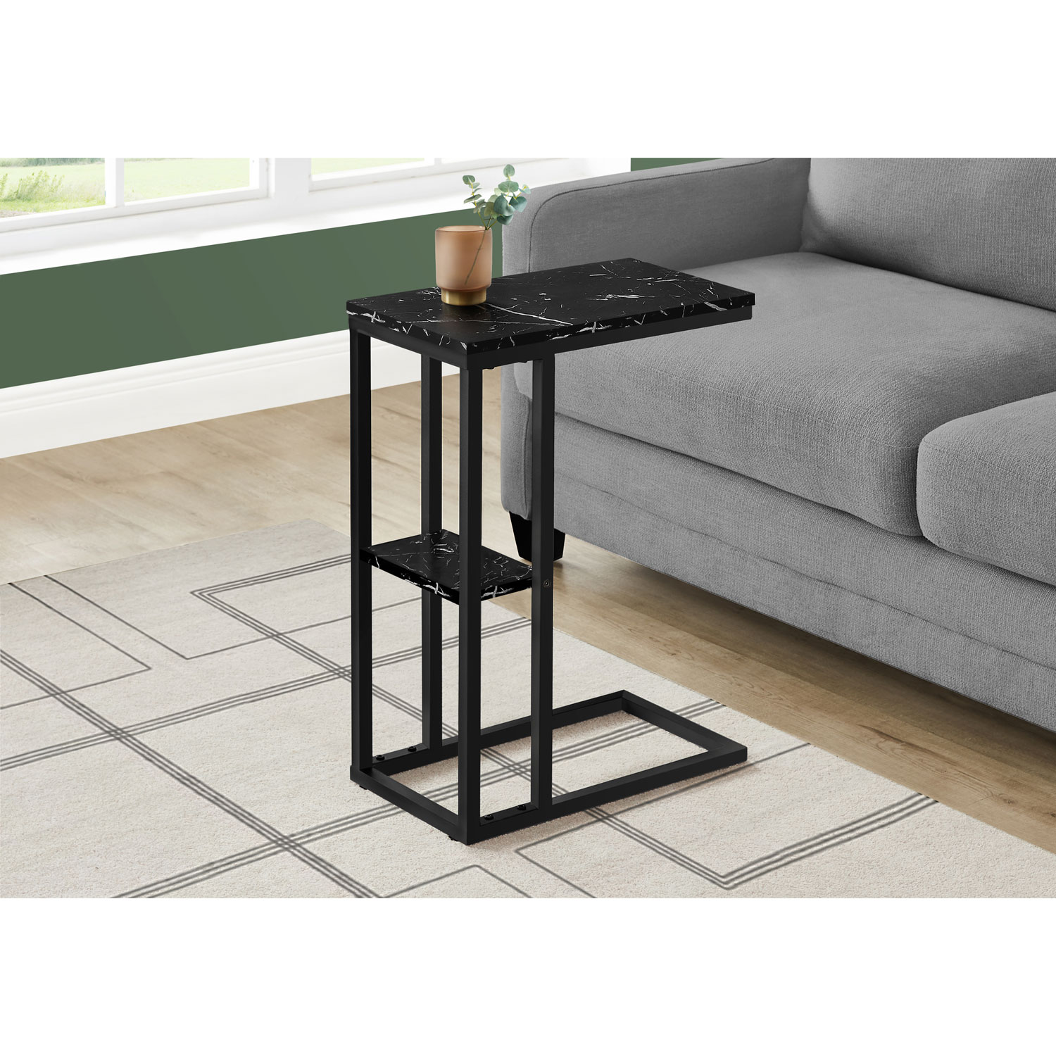 Monarch Contemporary Rectangular 2-Shelf Accent Table - Black Marble-Look/Black