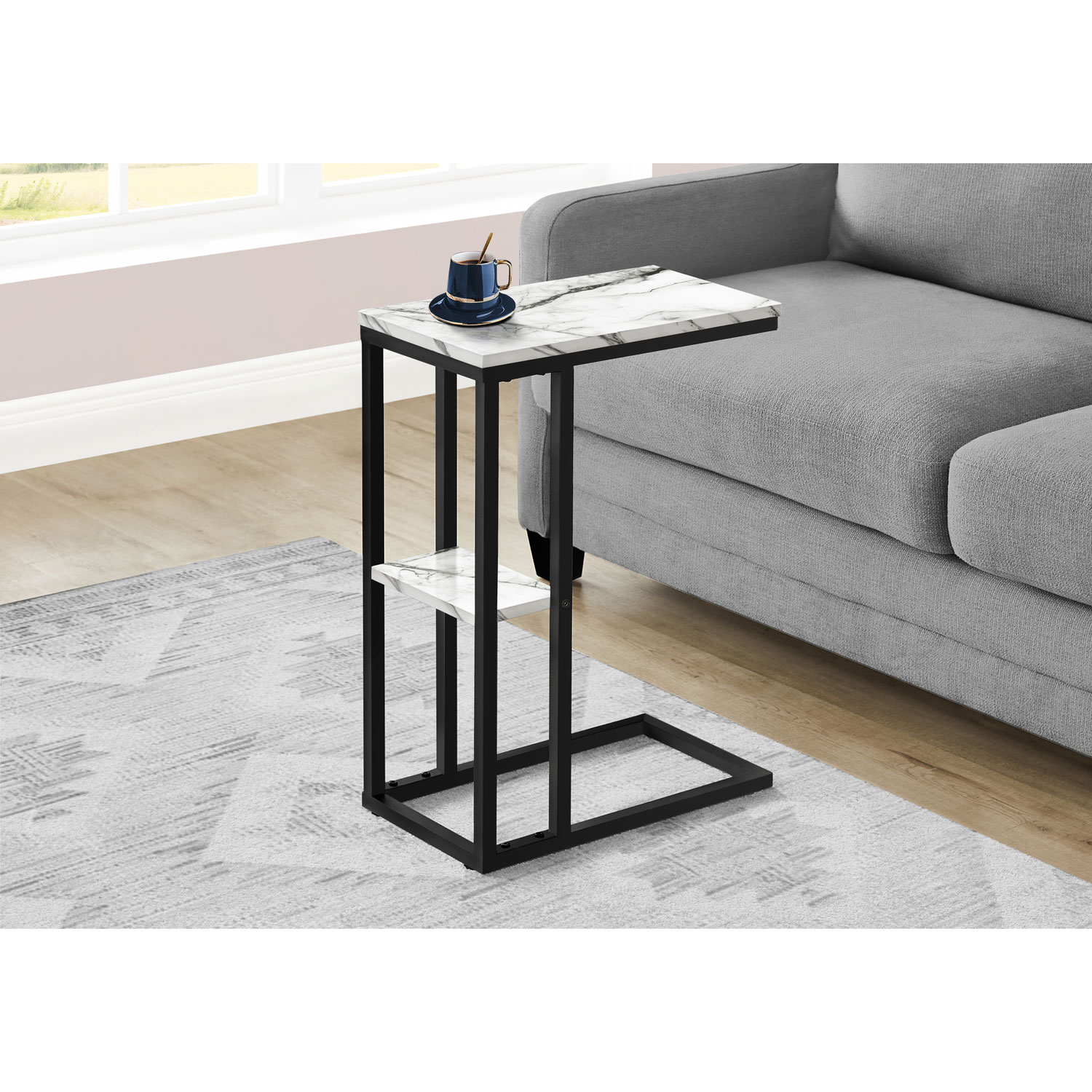 Monarch Contemporary Rectangular 2-Shelf Accent Table - White Marble-Look/Black