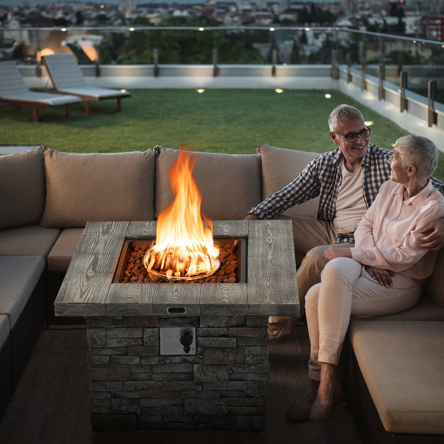 Costway 34.5" Square Propane Gas Fire Pit Table Faux Stone w/ Lava Rock PVC Cover