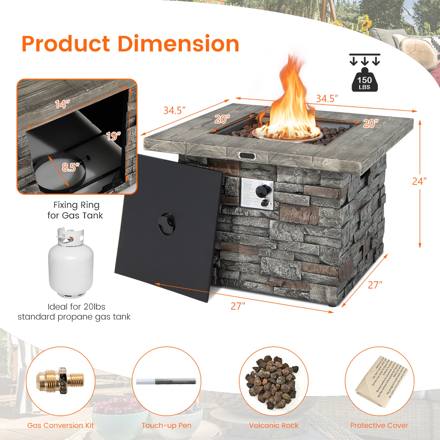 Costway 34.5" Square Propane Gas Fire Pit Table Faux Stone w/ Lava Rock PVC Cover