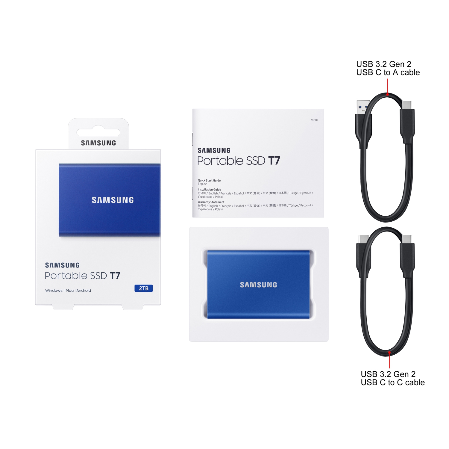 SAMSUNG T7 Portable SSD 2TB - Up to 1050 MB/s - USB 3.2 External Solid State Drive, Blue
