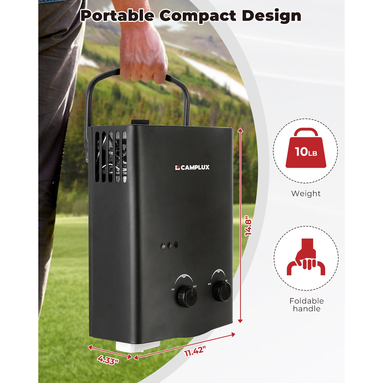 Camplux 1.32 GPM 34,000 BTU Outdoor Portable Propane Tankless Water Heater for RV, Camping, Barns, Black