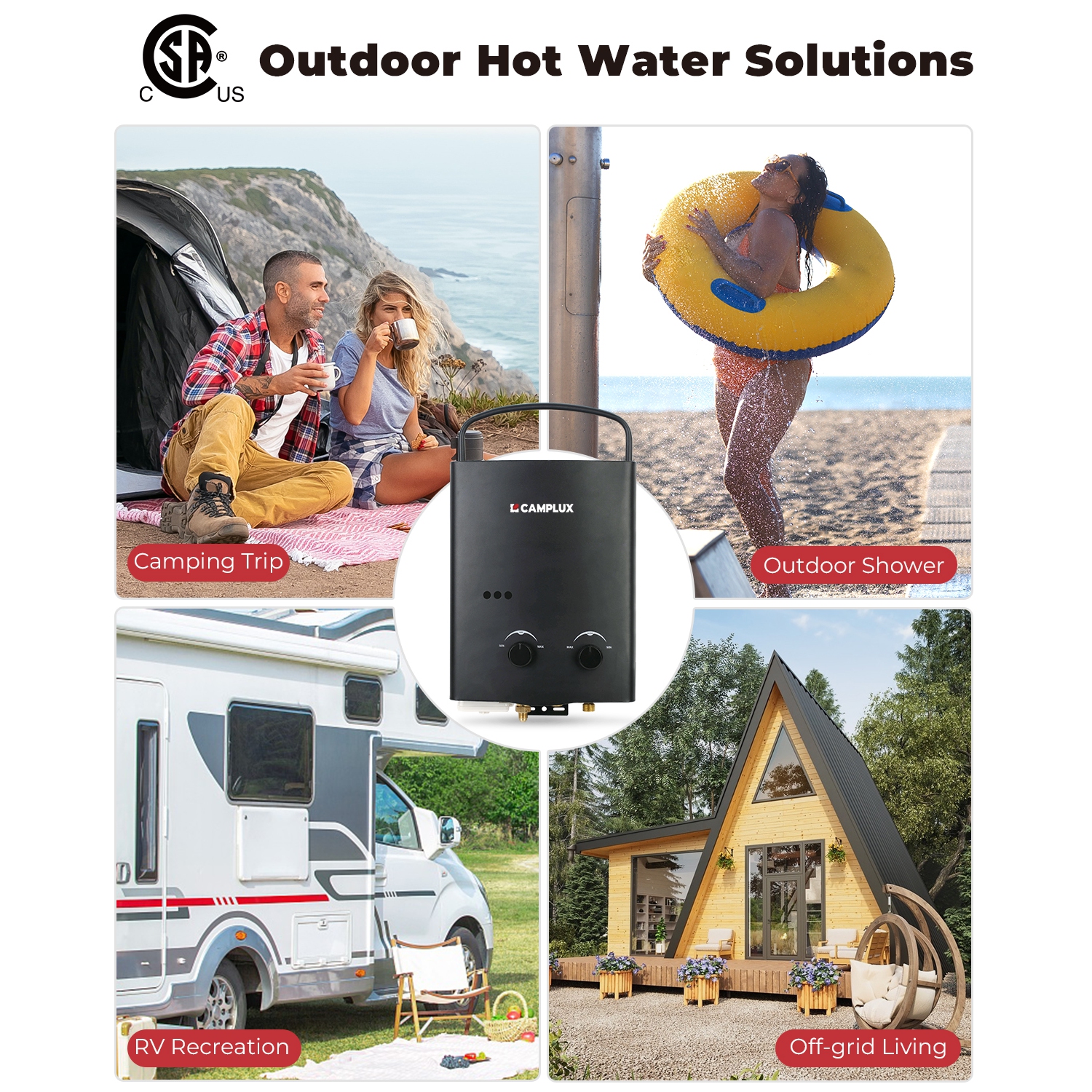 Camplux 1.32 GPM 34,000 BTU Outdoor Portable Propane Tankless Water Heater for RV, Camping, Barns, Black