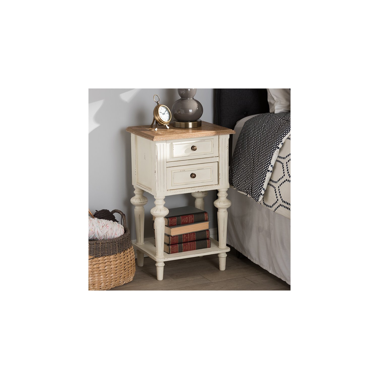 Baxton Studio Marquetterie 2 Drawer Nightstand in Oak and White