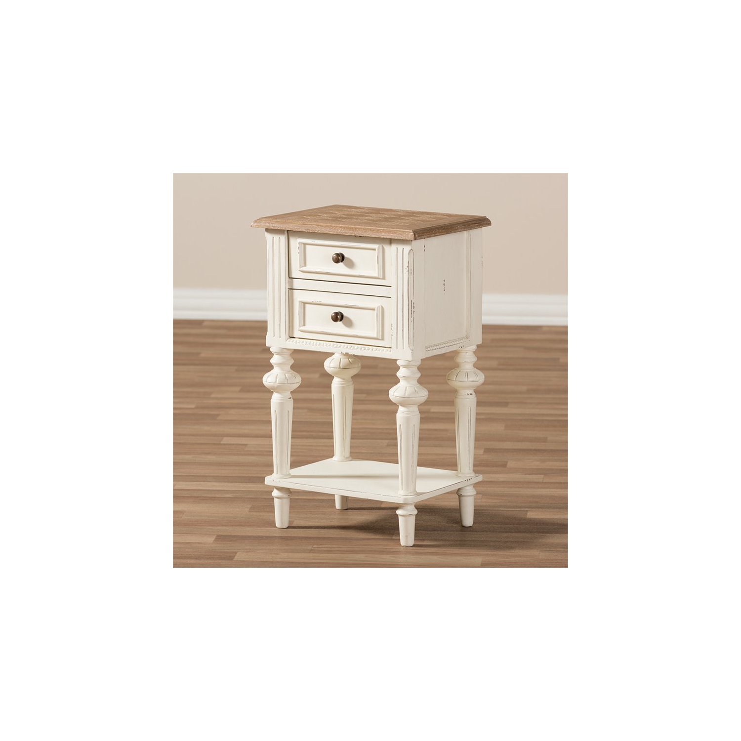 Baxton Studio Marquetterie 2 Drawer Nightstand in Oak and White