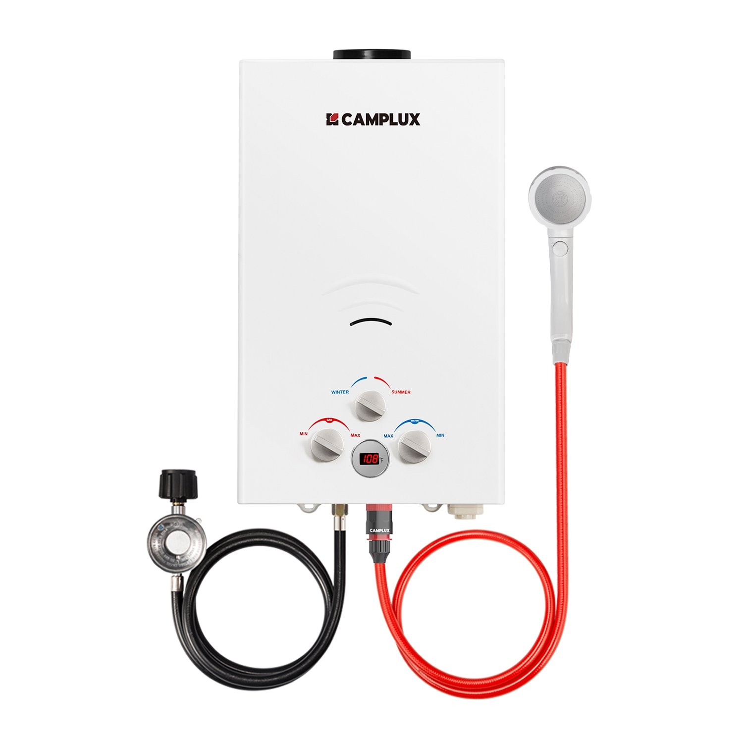 Camplux 2.64 GPM 68,000 BTU Outdoor Portable Propane Tankless Water Heater with Digital Display, White