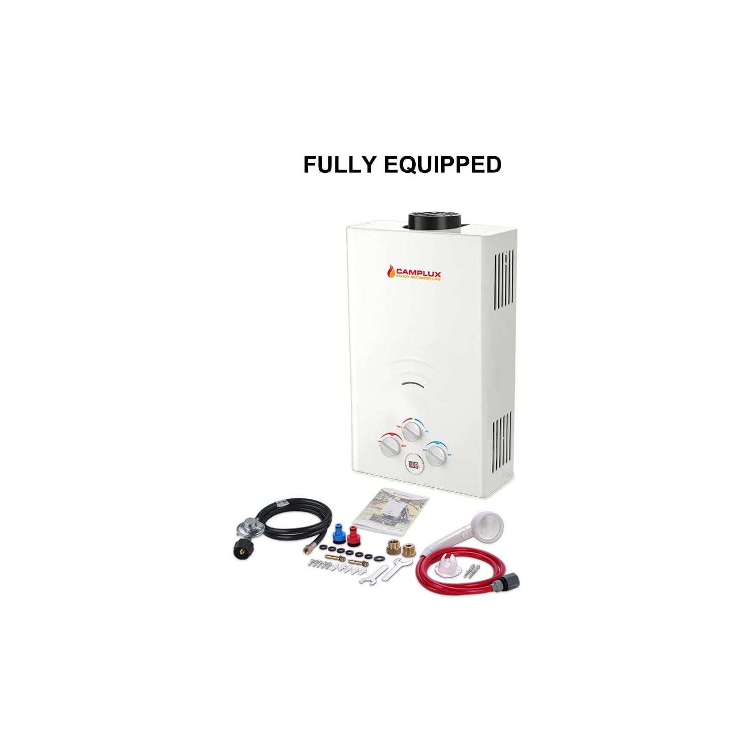 Camplux 2.64 GPM 68,000 BTU Outdoor Portable Propane Tankless Water Heater with Digital Display, White