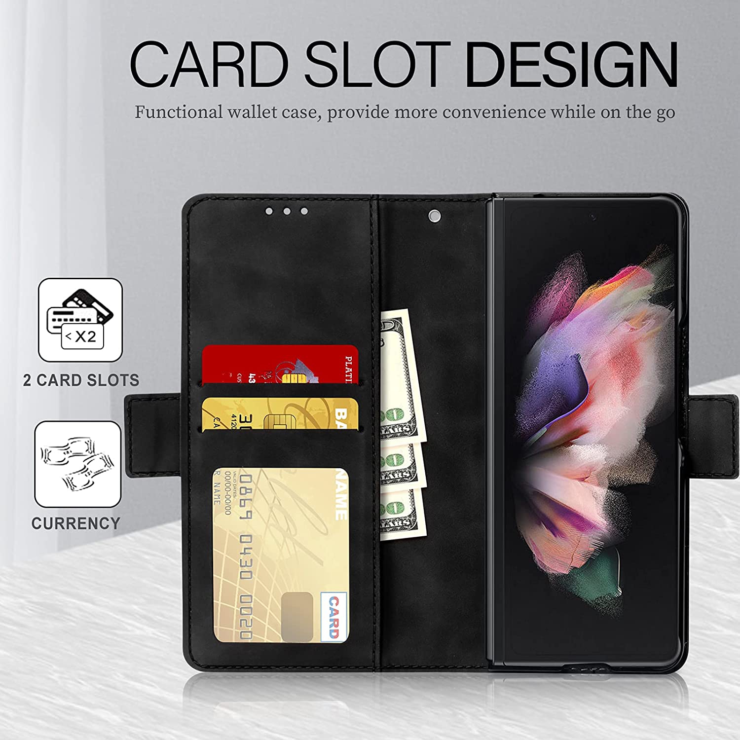 [CS] Samsung Galaxy Z Fold 4 5G 2022 Case, Magnetic Leather Folio Wallet Flip Case Cover with Card Slot, Black