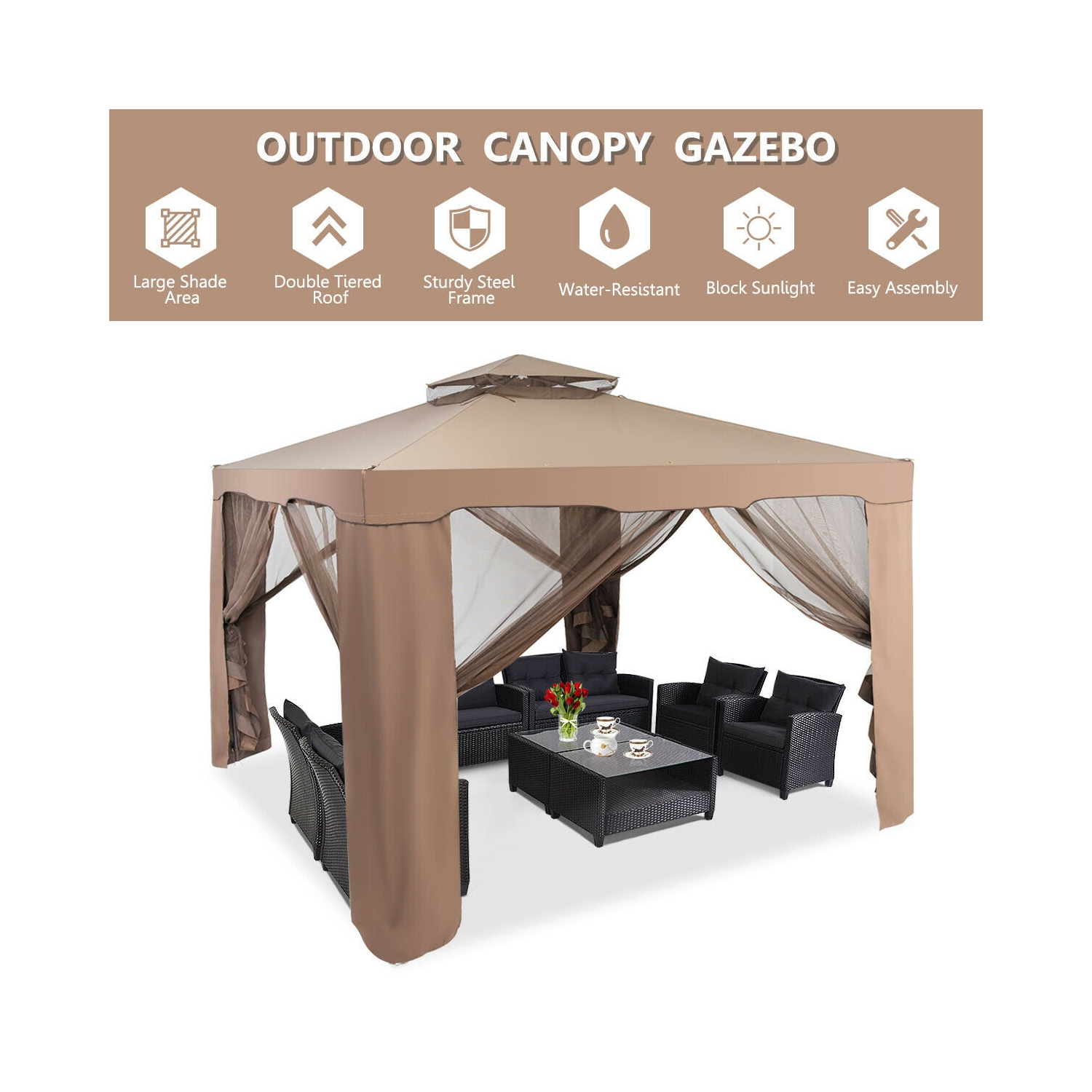 Topbuy 10' x 10' 2-tier Outdoor Netting Canopy Sun Shade Gazebo Tent for Picnic Party