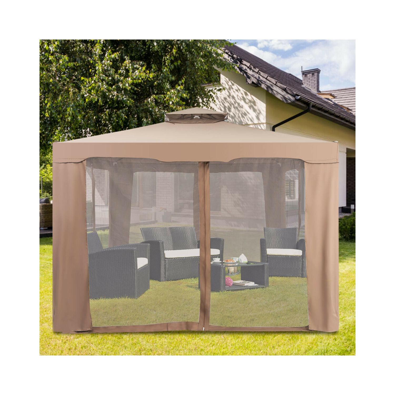 Topbuy 10' x 10' 2-tier Outdoor Netting Canopy Sun Shade Gazebo Tent for Picnic Party