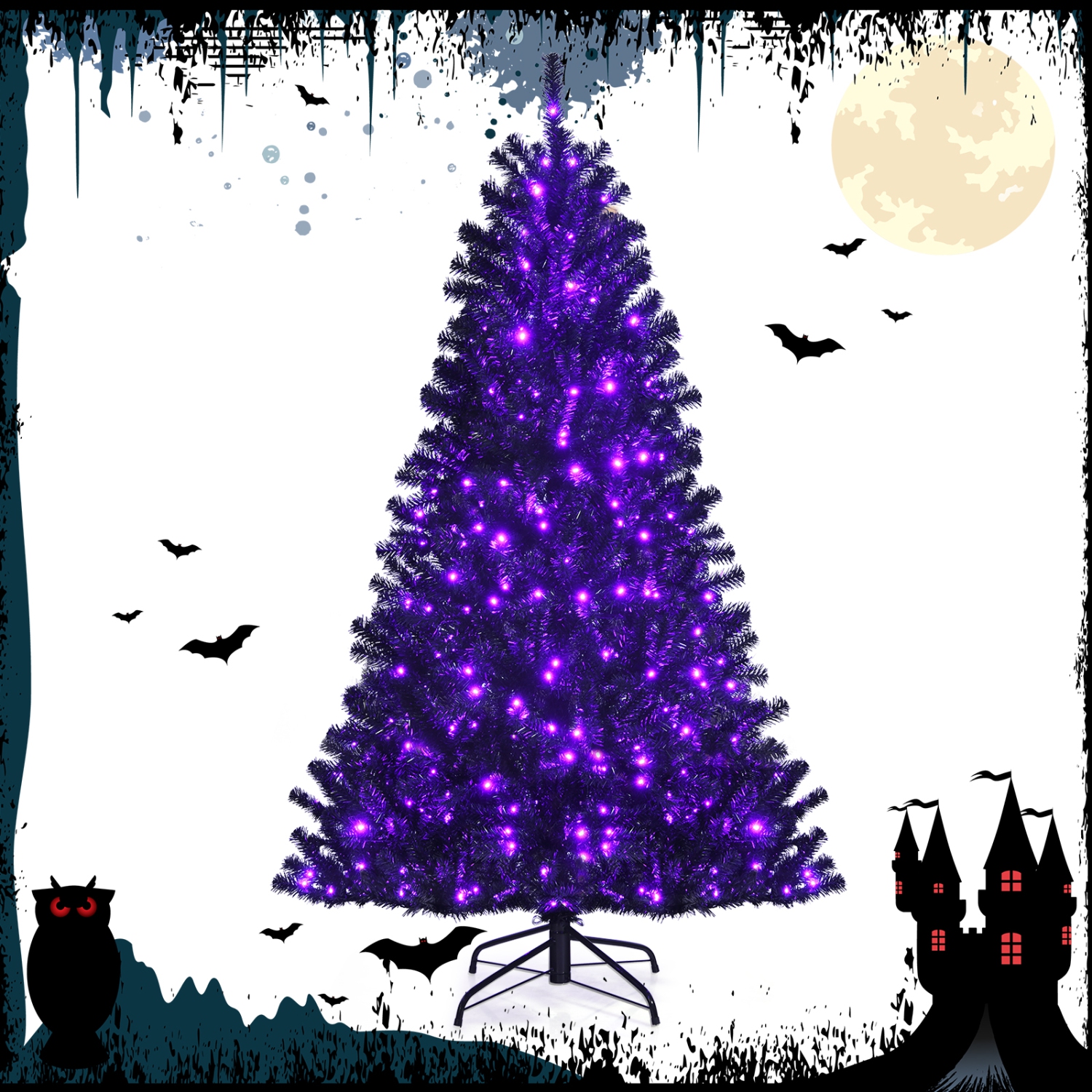 Topbuy 6 Ft Artificial Christmas Tree, Black Halloween Tree w/ 250 Purple LED Lights