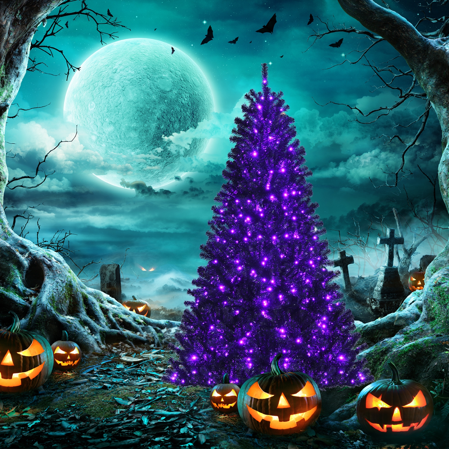 Topbuy 6 Ft Artificial Christmas Tree, Black Halloween Tree w/ 250 Purple LED Lights