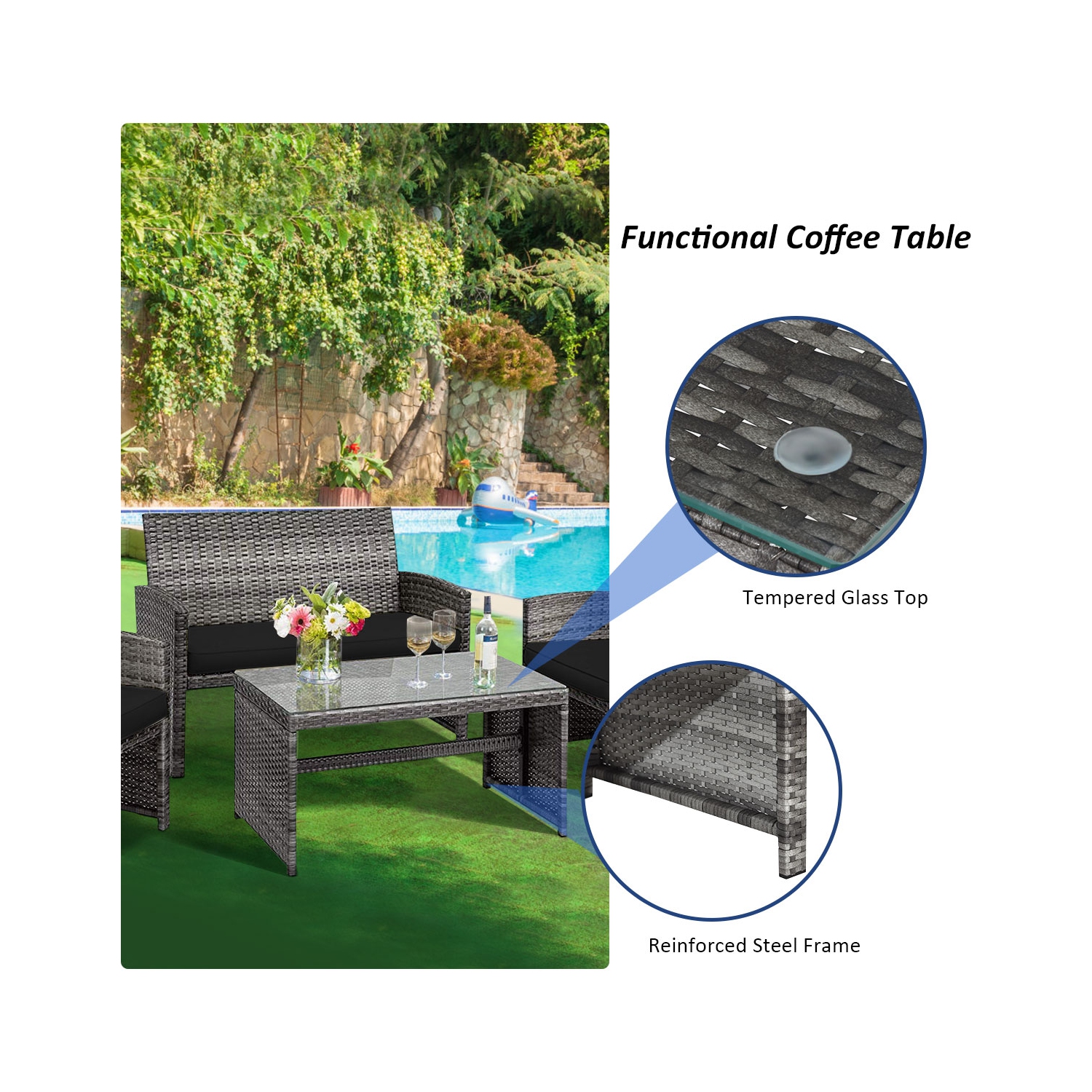 Patiojoy 4-Piece Outdoor Patio Furniture Set Rattan Wicker Conversation Sofa Set Black