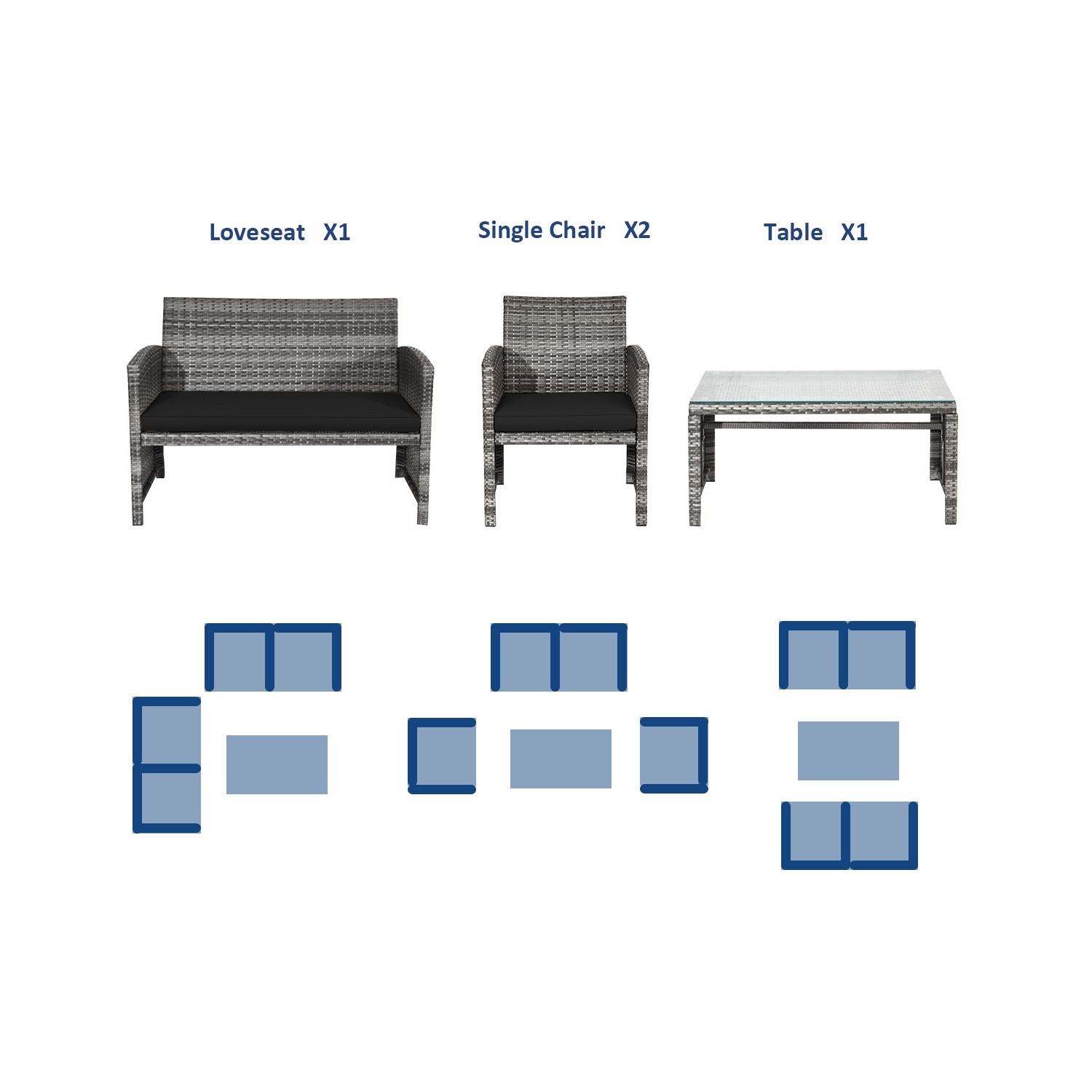 Patiojoy 4-Piece Outdoor Patio Furniture Set Rattan Wicker Conversation Sofa Set Black