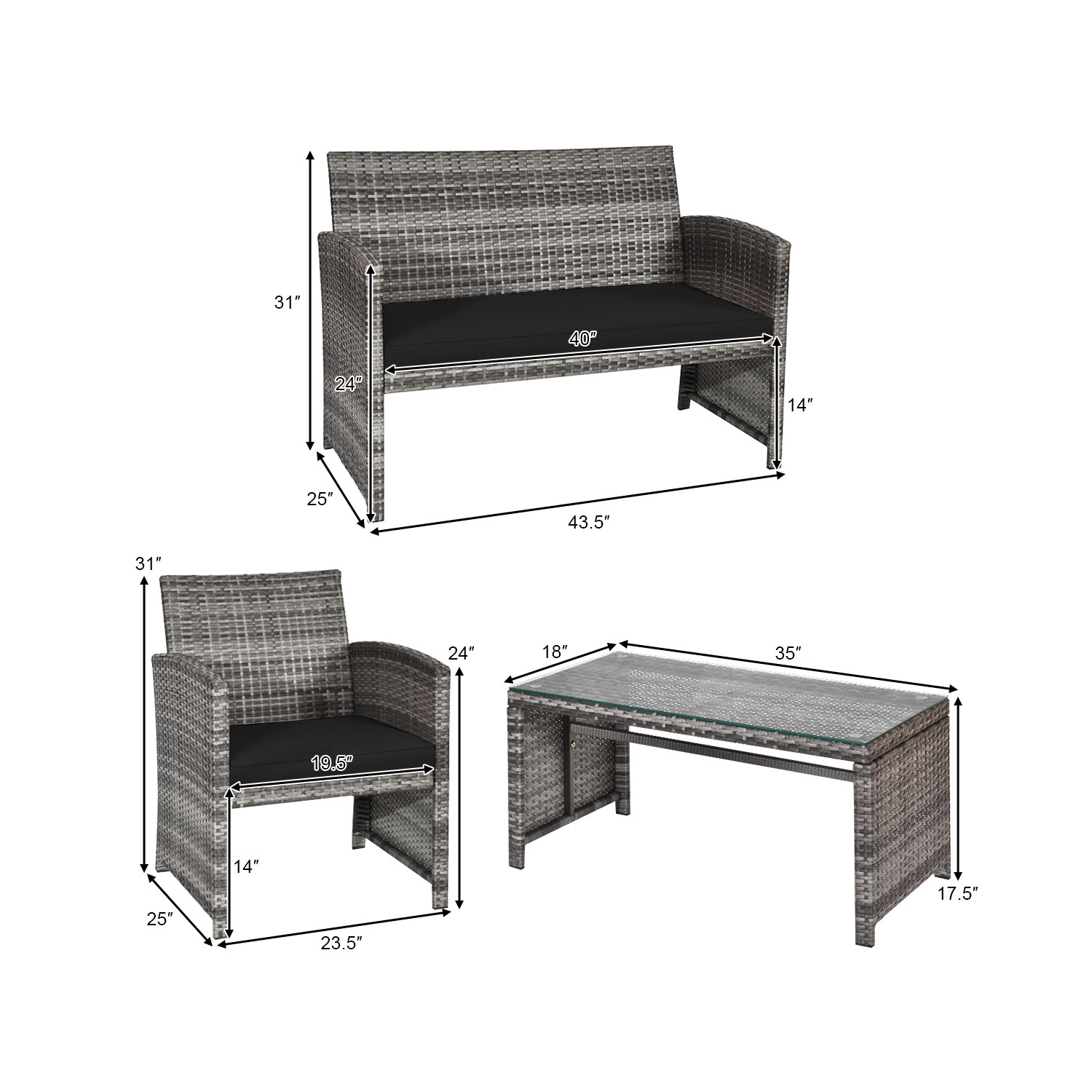 Patiojoy 4-Piece Outdoor Patio Furniture Set Rattan Wicker Conversation Sofa Set Black