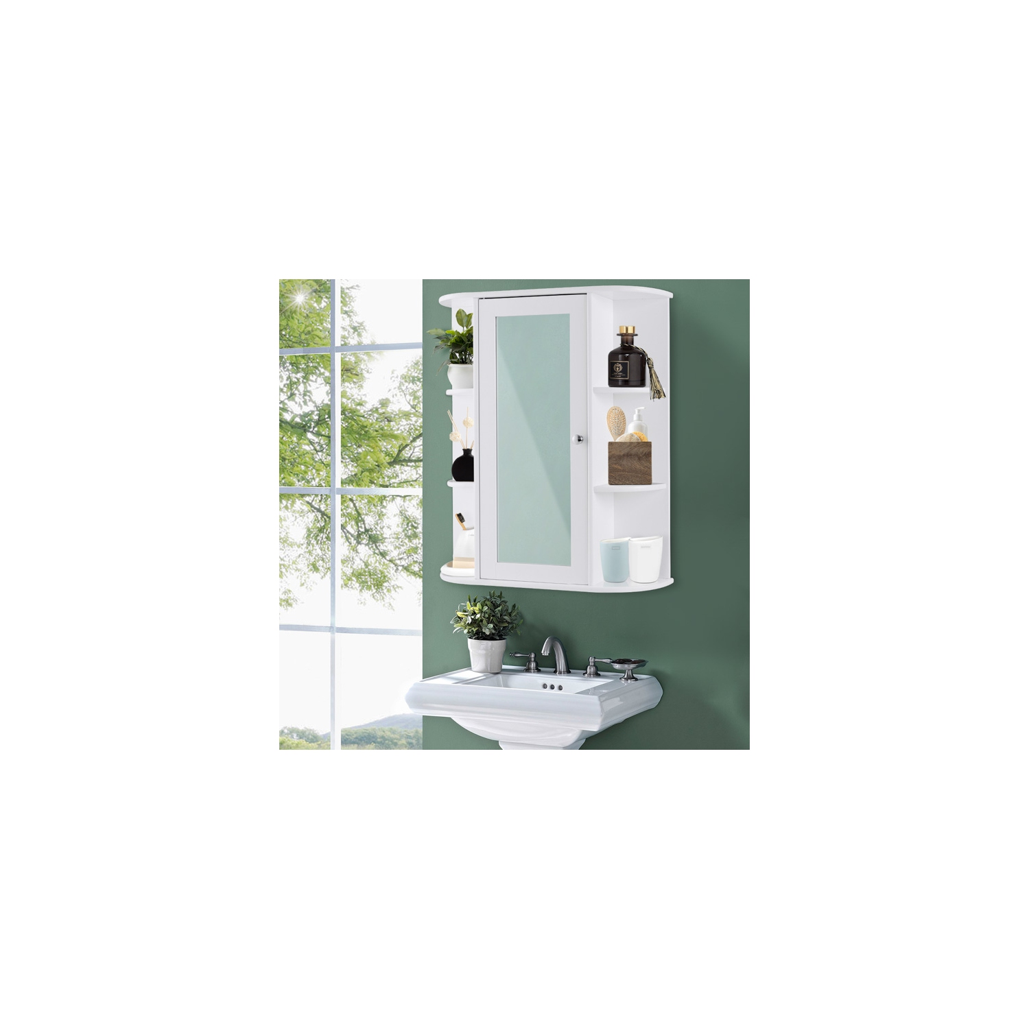 Topbuy Single Bathroom Storage Cabinet Spacesaver Open Shelves w/ Mirrored Organizer