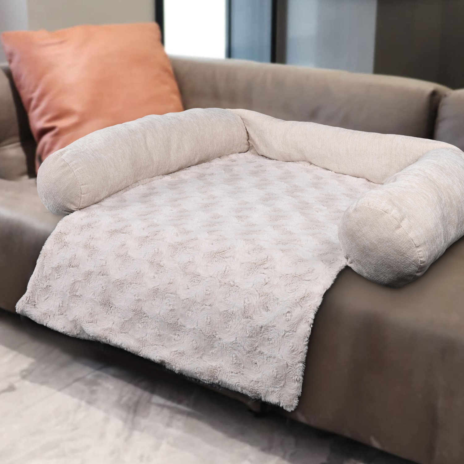 33.4''X39.3'' Pet Beds Mats Soft Fabric Pet Couch Protector Cover with 3-Sided Bolster for Dog and Cats - Camel-WOMEOW™