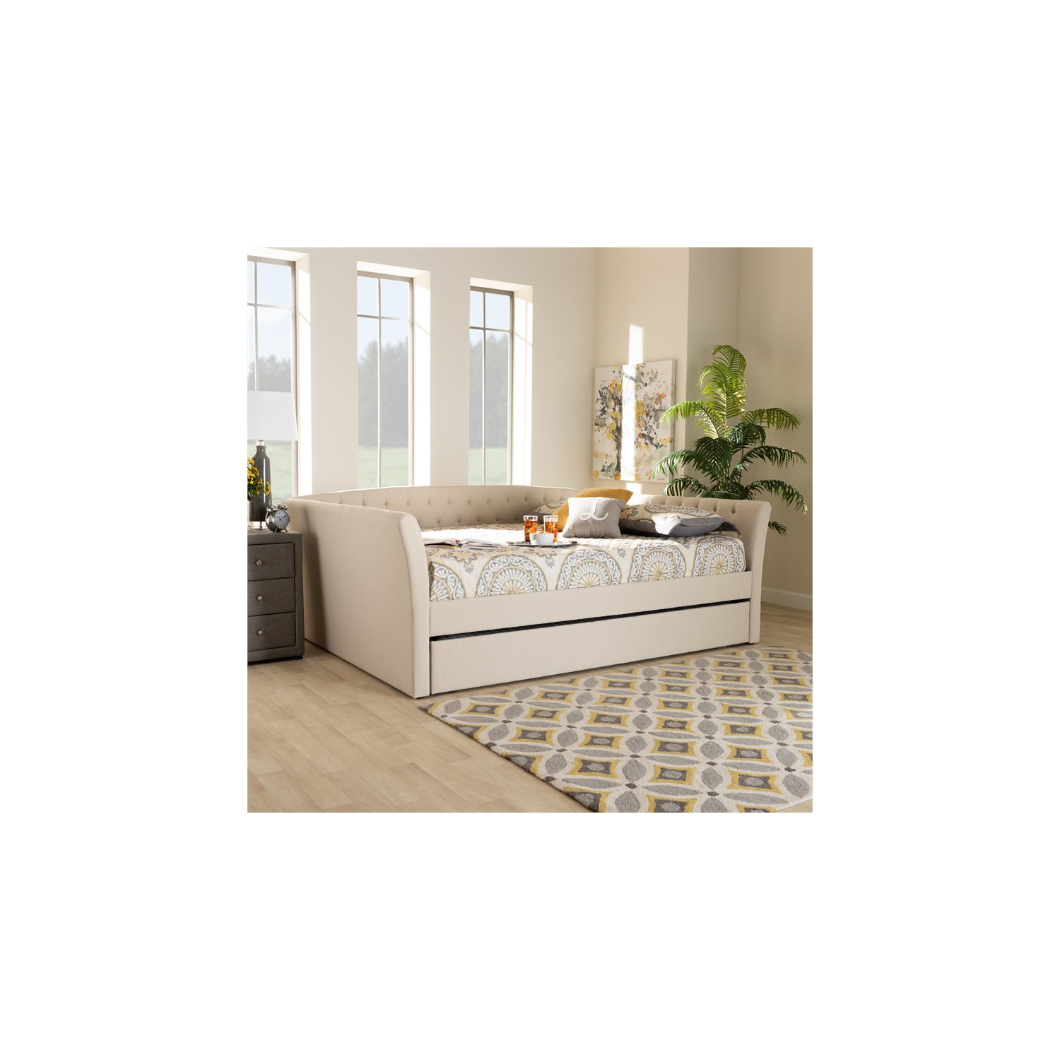 Bowery Hill Queen Size Beige Upholstered Daybed with Trundle