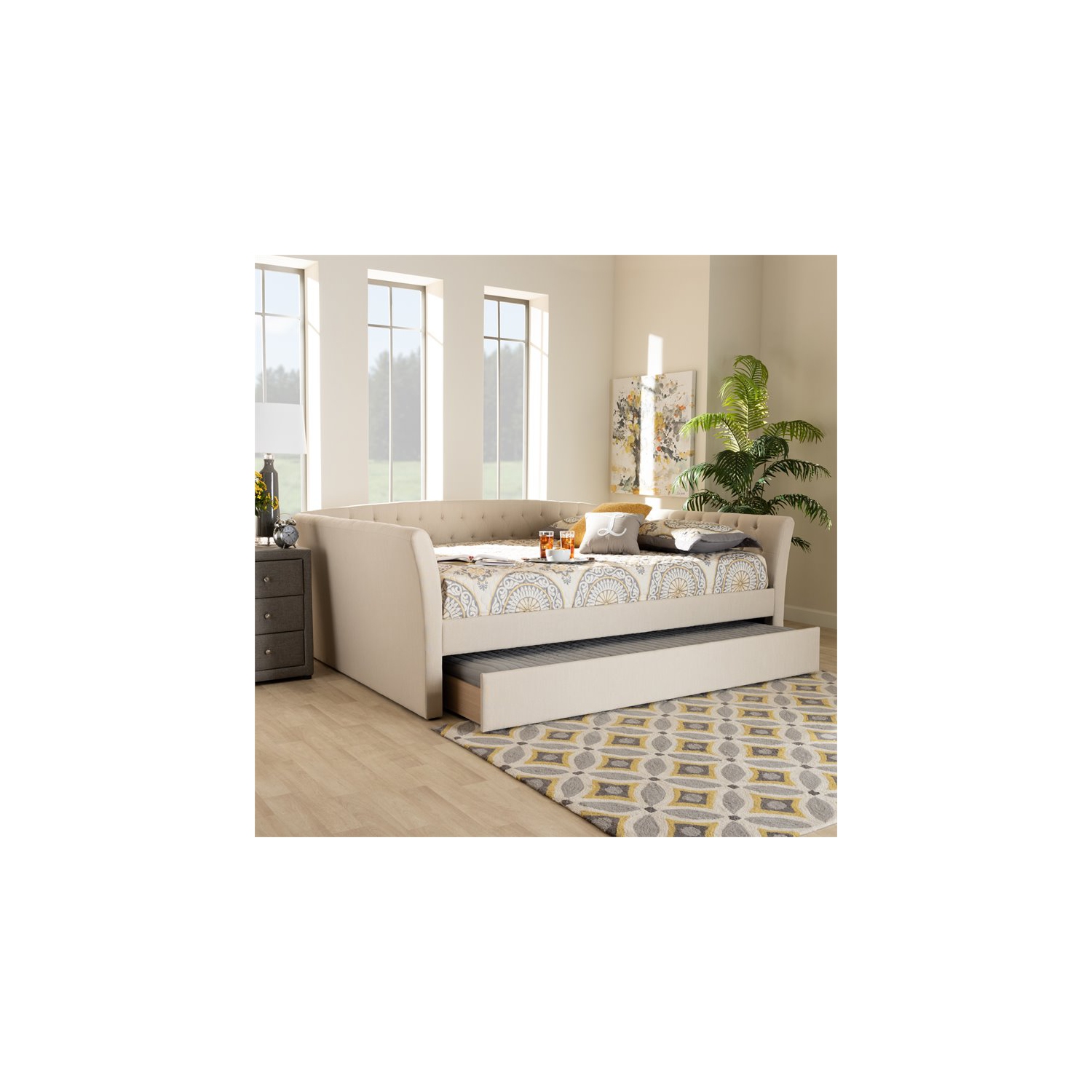 Bowery Hill Queen Size Beige Upholstered Daybed with Trundle