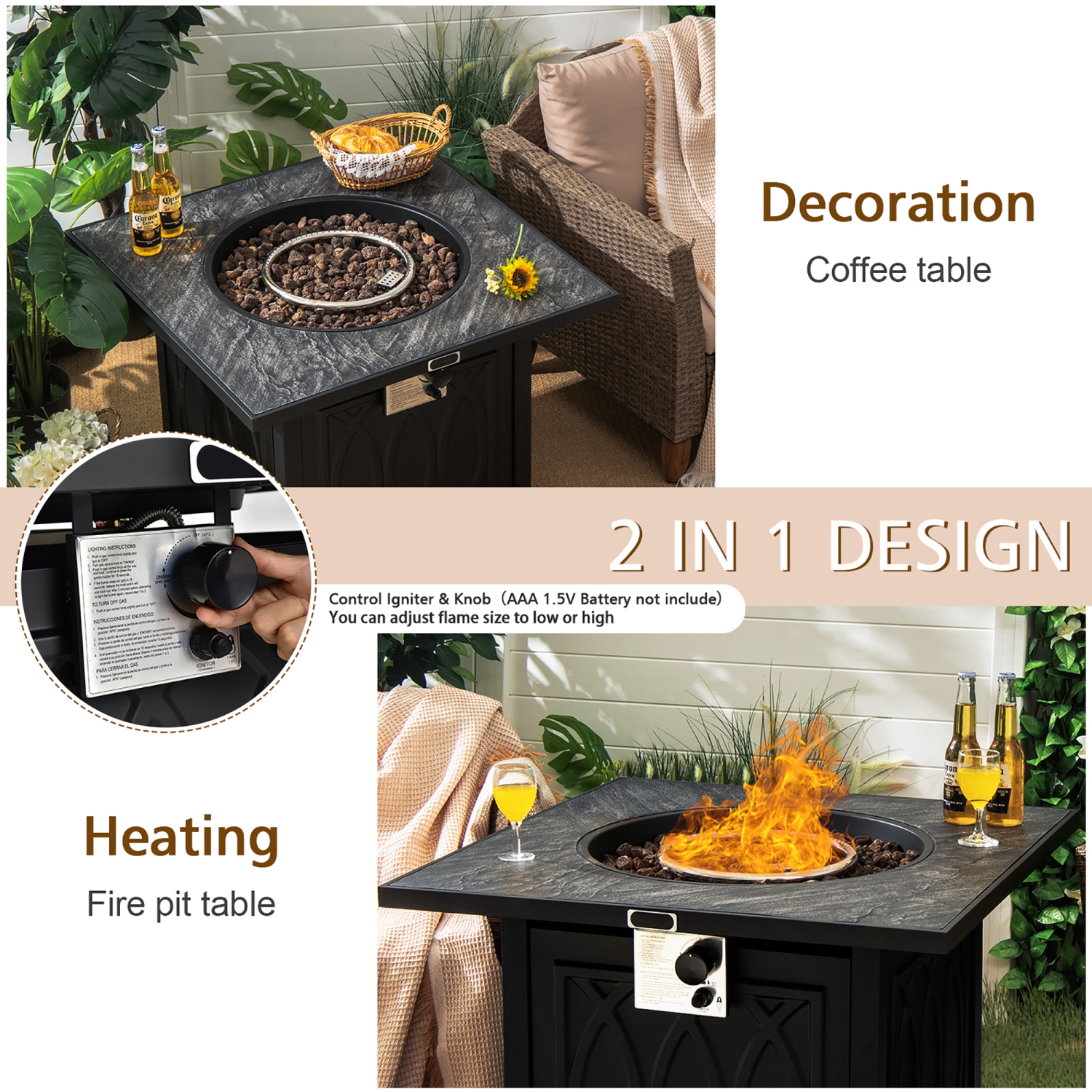 Costway 32" Propane Fire Pit Table Square Tabletop w/Lava Rocks Cover 50,000 BTU
