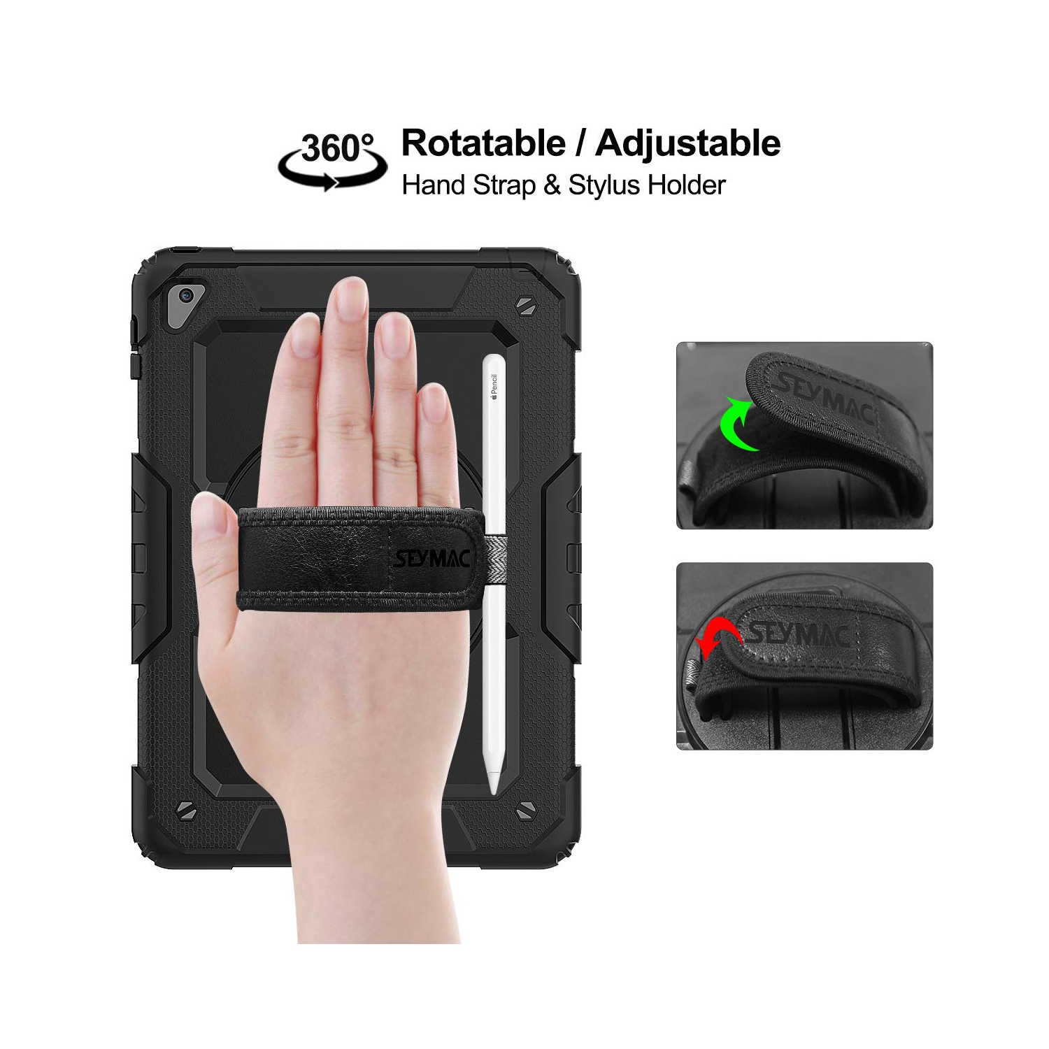 SEYMAC stock – Étui iPad 6e/5e génération, protection trois couches contre les chutes avec 360 courroies rotatives et stylet PE