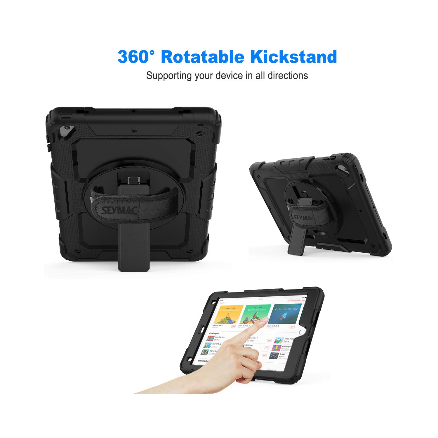 SEYMAC stock – Étui iPad 6e/5e génération, protection trois couches contre les chutes avec 360 courroies rotatives et stylet PE