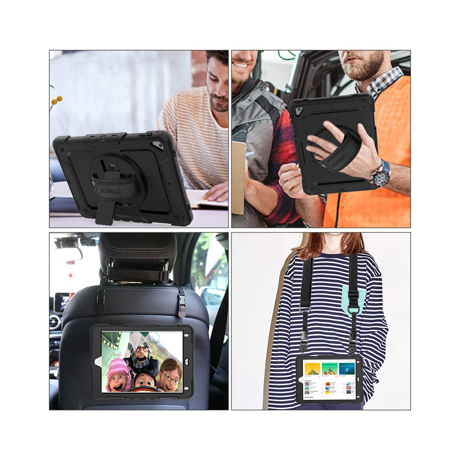SEYMAC stock – Étui iPad 6e/5e génération, protection trois couches contre les chutes avec 360 courroies rotatives et stylet PE