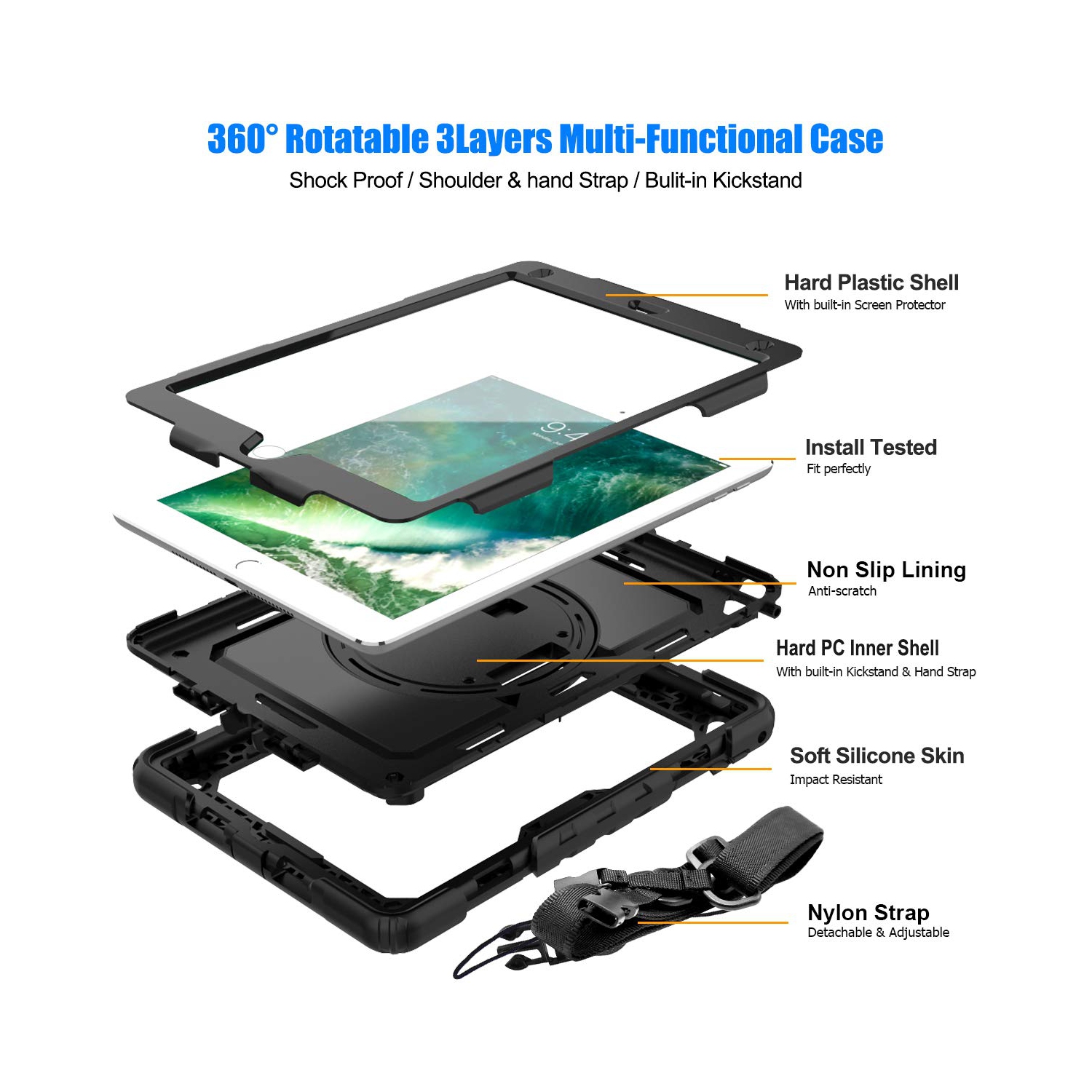 SEYMAC stock – Étui iPad 6e/5e génération, protection trois couches contre les chutes avec 360 courroies rotatives et stylet PE