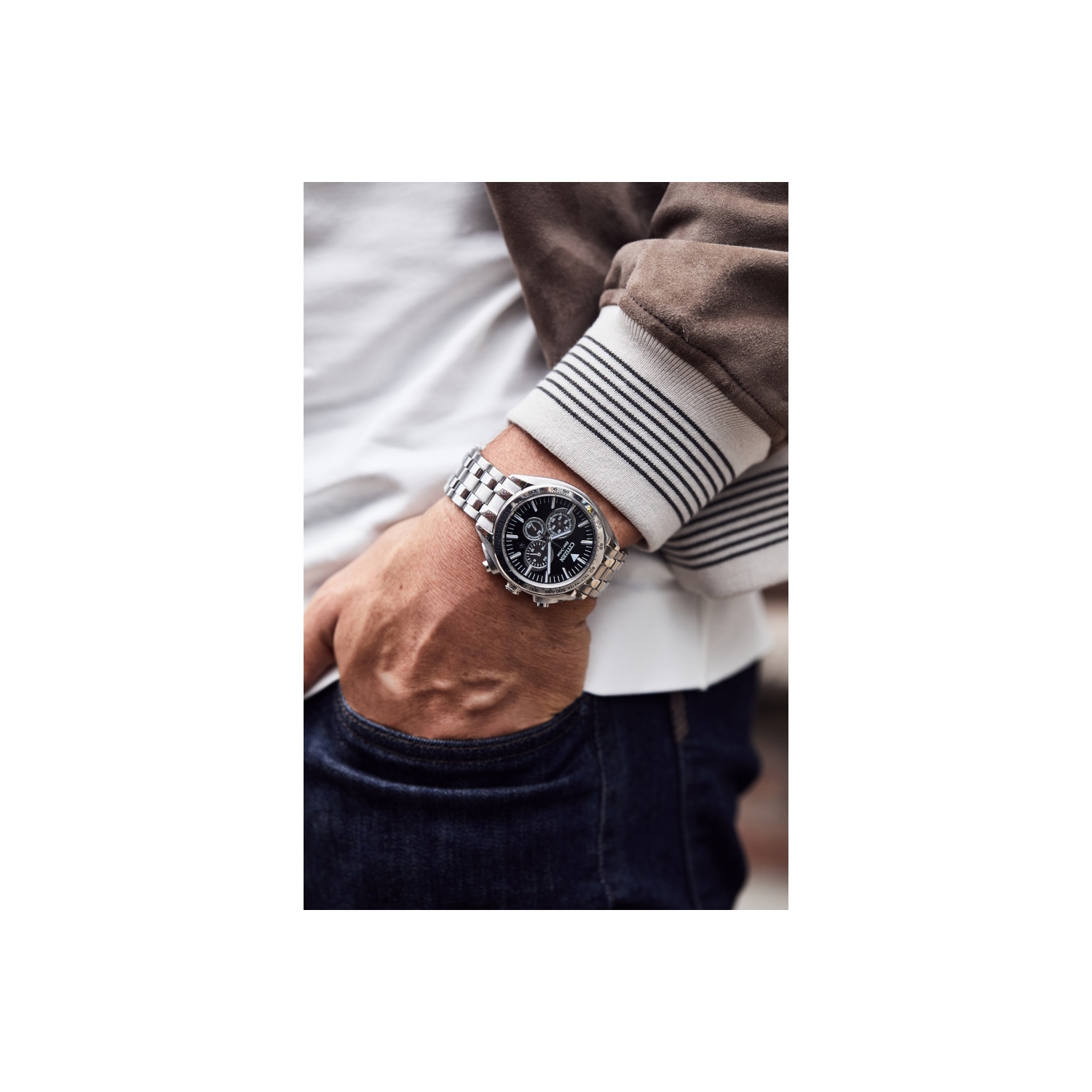 Montre pour hommes avec boîtier et bracelet en acier inoxydable argenté et cadran noir Carson Eco-Drive 43&nbsp;mm de Citizen