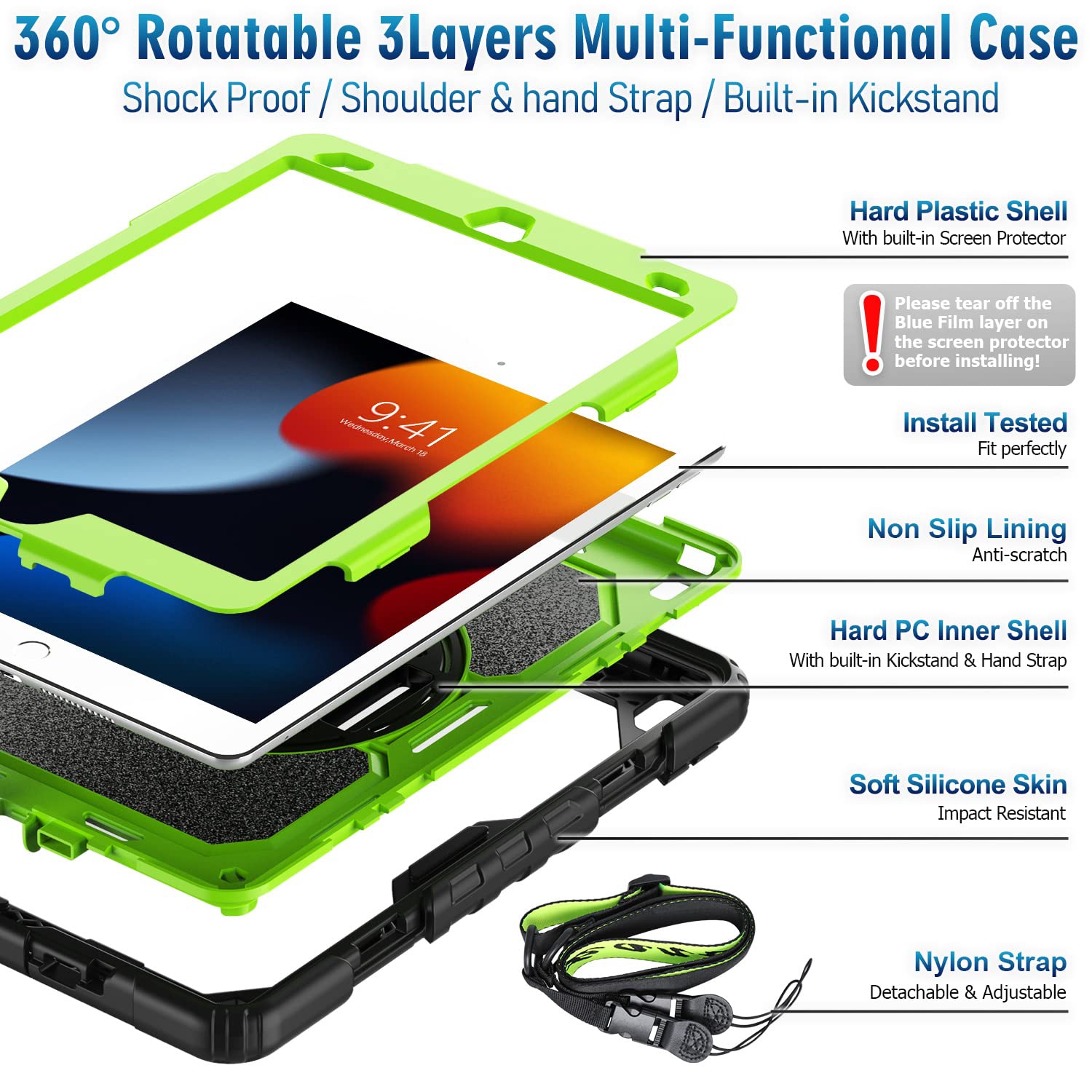 Timecity Case for iPad 9th/8th/ 7th Generation Case 2021/2020/2019 with Screen Protector Pencil Holder Rotating Stand Hand/S