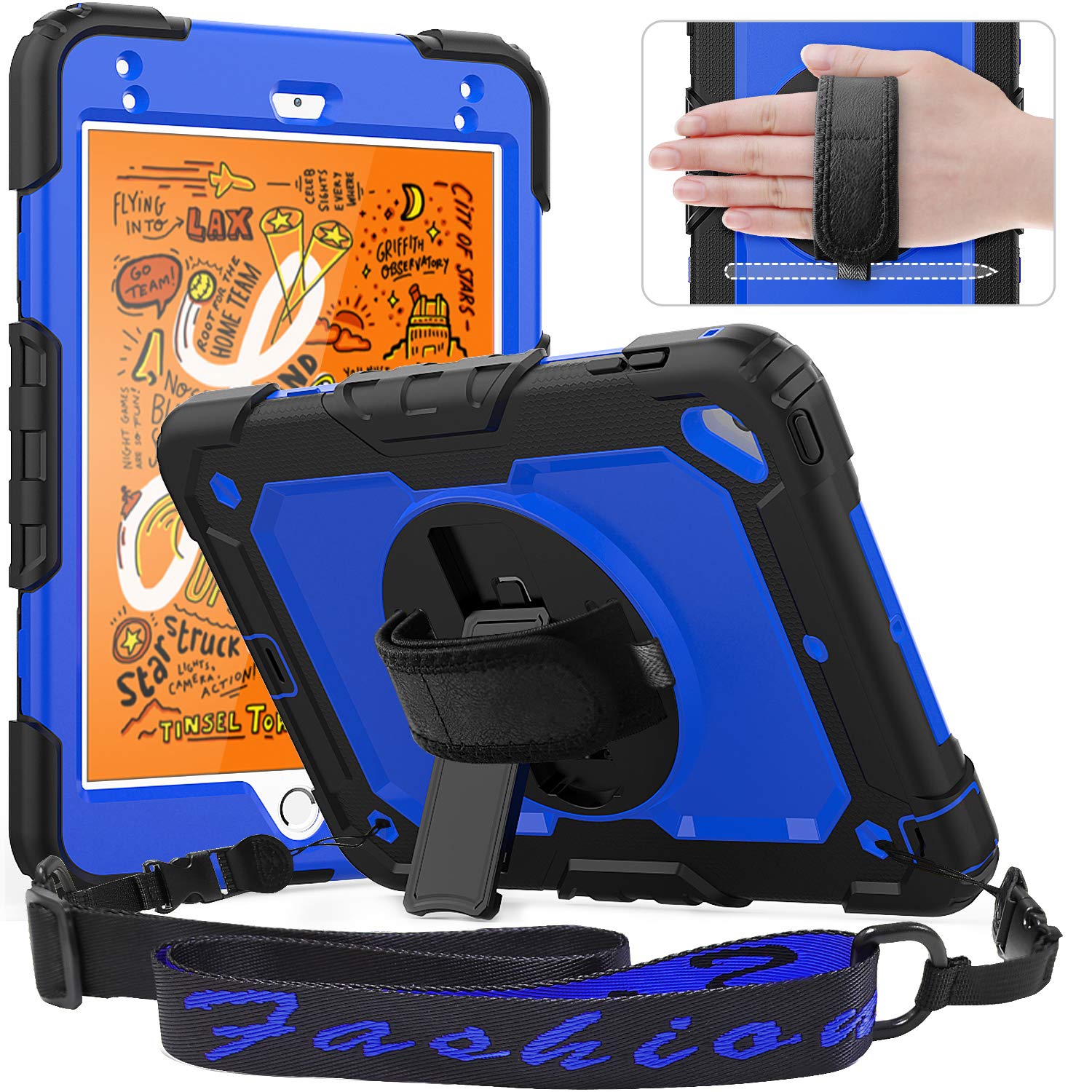 Timecity Case for iPad Mini 5 2019/ Mini 4 Case, Heavy Duty Shockproof Protective Cover with Screen Protector, 360° Rotating Stand, Hand and Shoulder