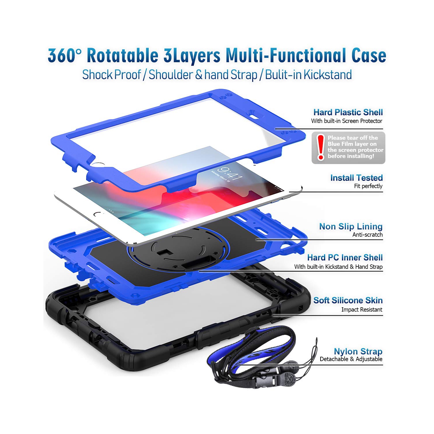 Timecity Case for iPad Mini 5 2019/ Mini 4 Case, Heavy Duty Shockproof Protective Cover with Screen Protector, 360° Rotating Stand, Hand and Shoulder