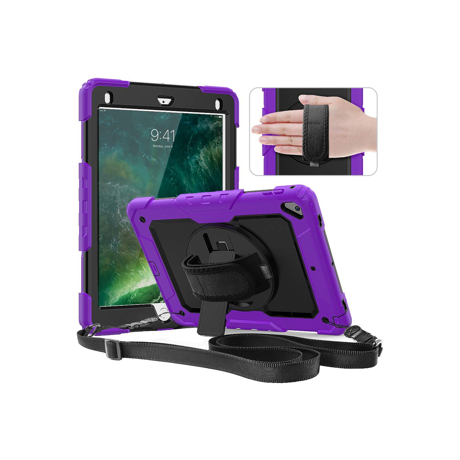 Timecity Case for iPad 6th/5th Generation 9.7 Inch Case 2018/2017 with Screen Protector, Stand, Hand/Shoulder Strap, Full-Bo