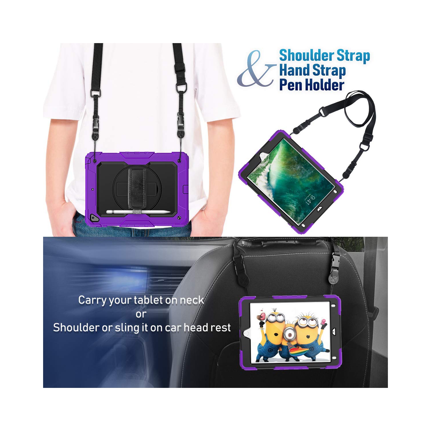 Timecity Case for iPad 6th/5th Generation 9.7 Inch Case 2018/2017 with Screen Protector, Stand, Hand/Shoulder Strap, Full-Bo