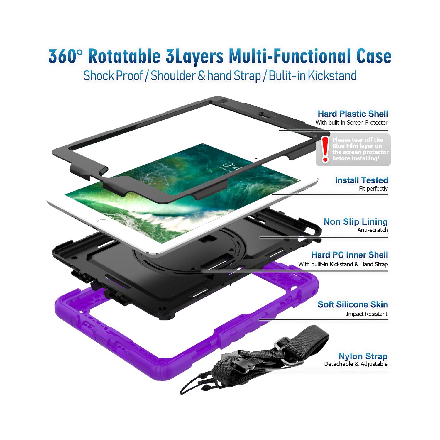 Timecity Case for iPad 6th/5th Generation 9.7 Inch Case 2018/2017 with Screen Protector, Stand, Hand/Shoulder Strap, Full-Bo