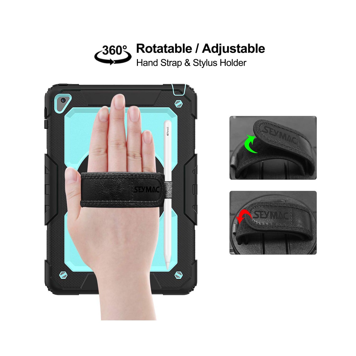 SEYMAC stock iPad 6th/5th Generation Case, Three Layer Drop Protection Case with 360 Rotating Stand Hand Strap & Stylus Pe
