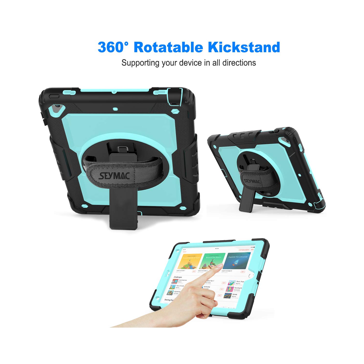 SEYMAC stock iPad 6th/5th Generation Case, Three Layer Drop Protection Case with 360 Rotating Stand Hand Strap & Stylus Pe
