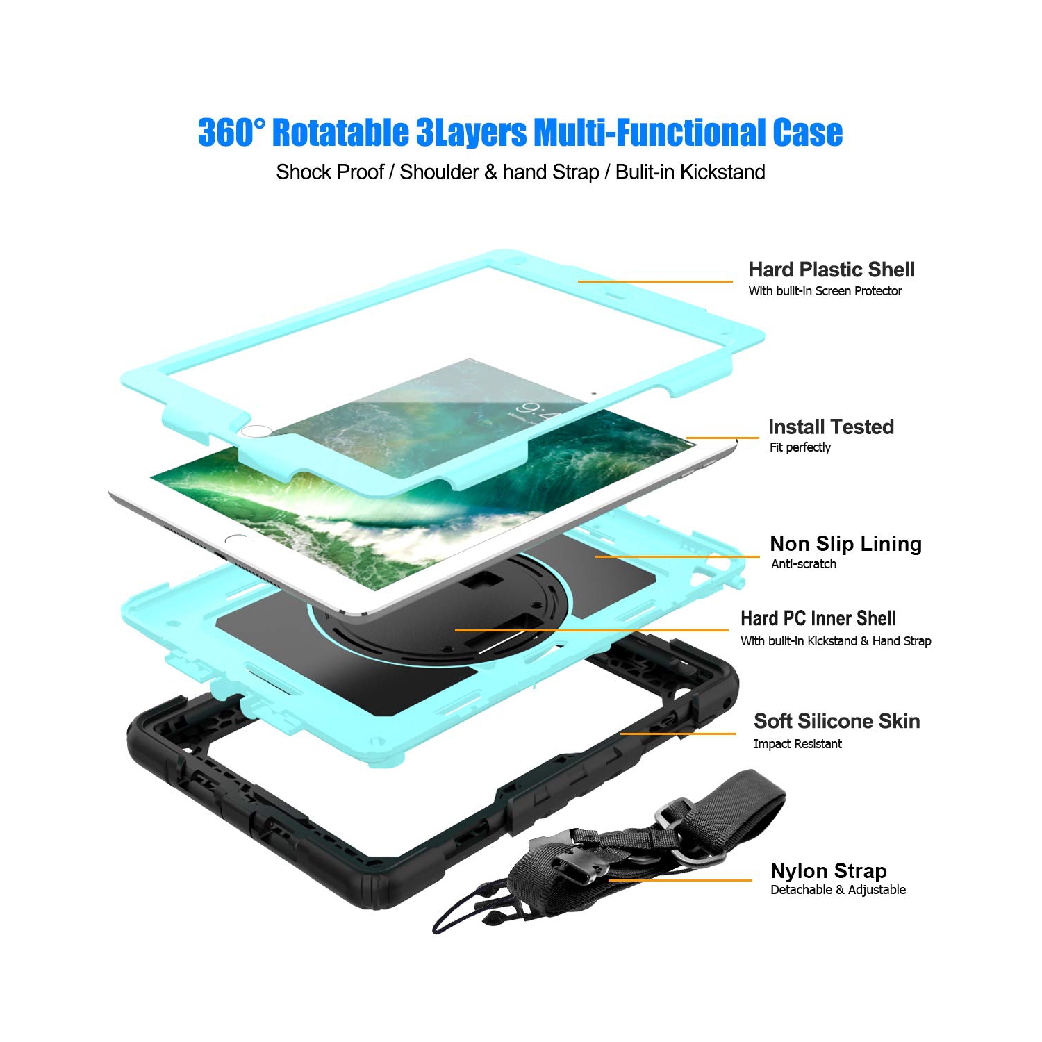 SEYMAC stock iPad 6th/5th Generation Case, Three Layer Drop Protection Case with 360 Rotating Stand Hand Strap & Stylus Pe