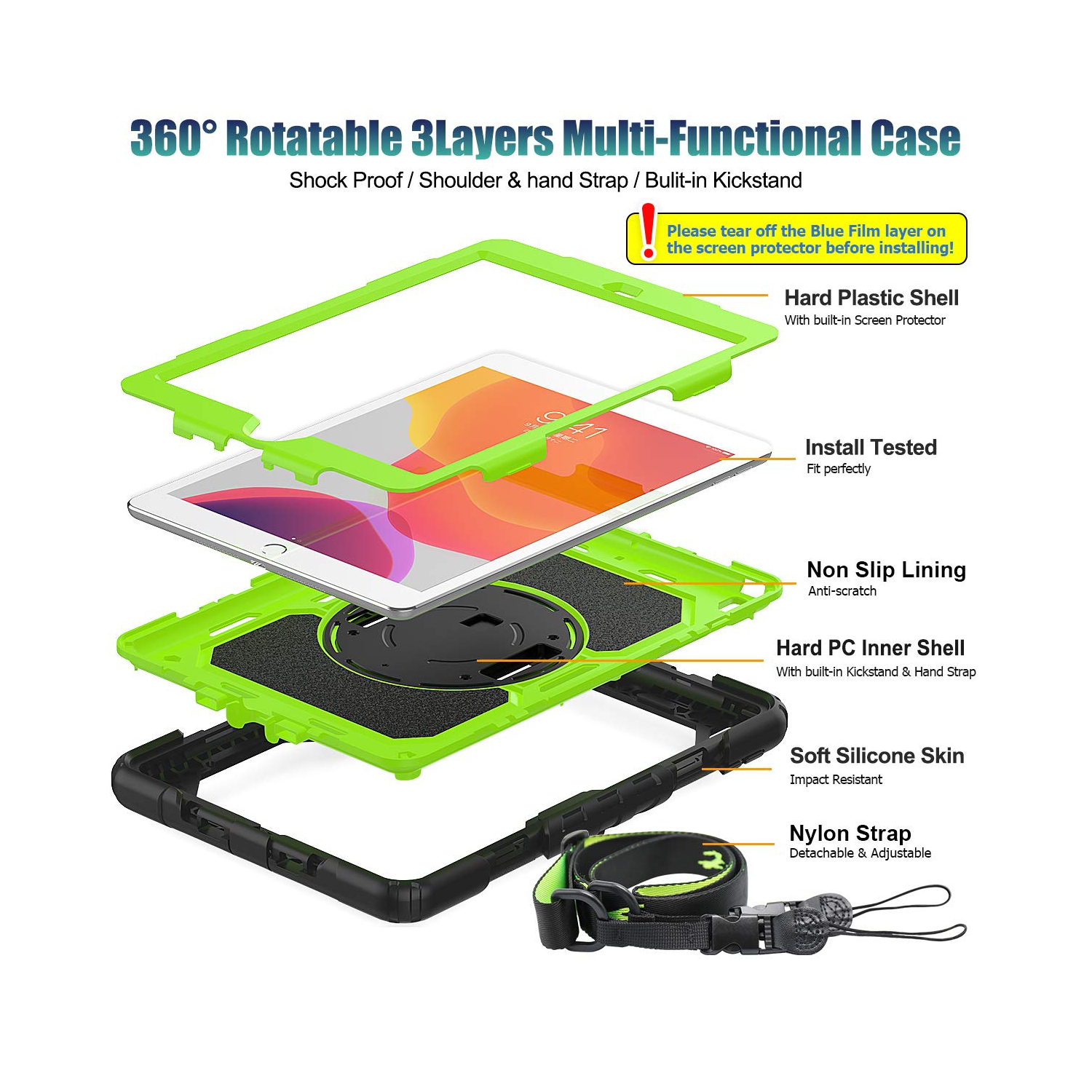 SEYMAC stock Case for iPad 9th/8th/7th Generation 10.2 Case, Shockproof Protection with 360 Rotating Stand Hand Strap for 20