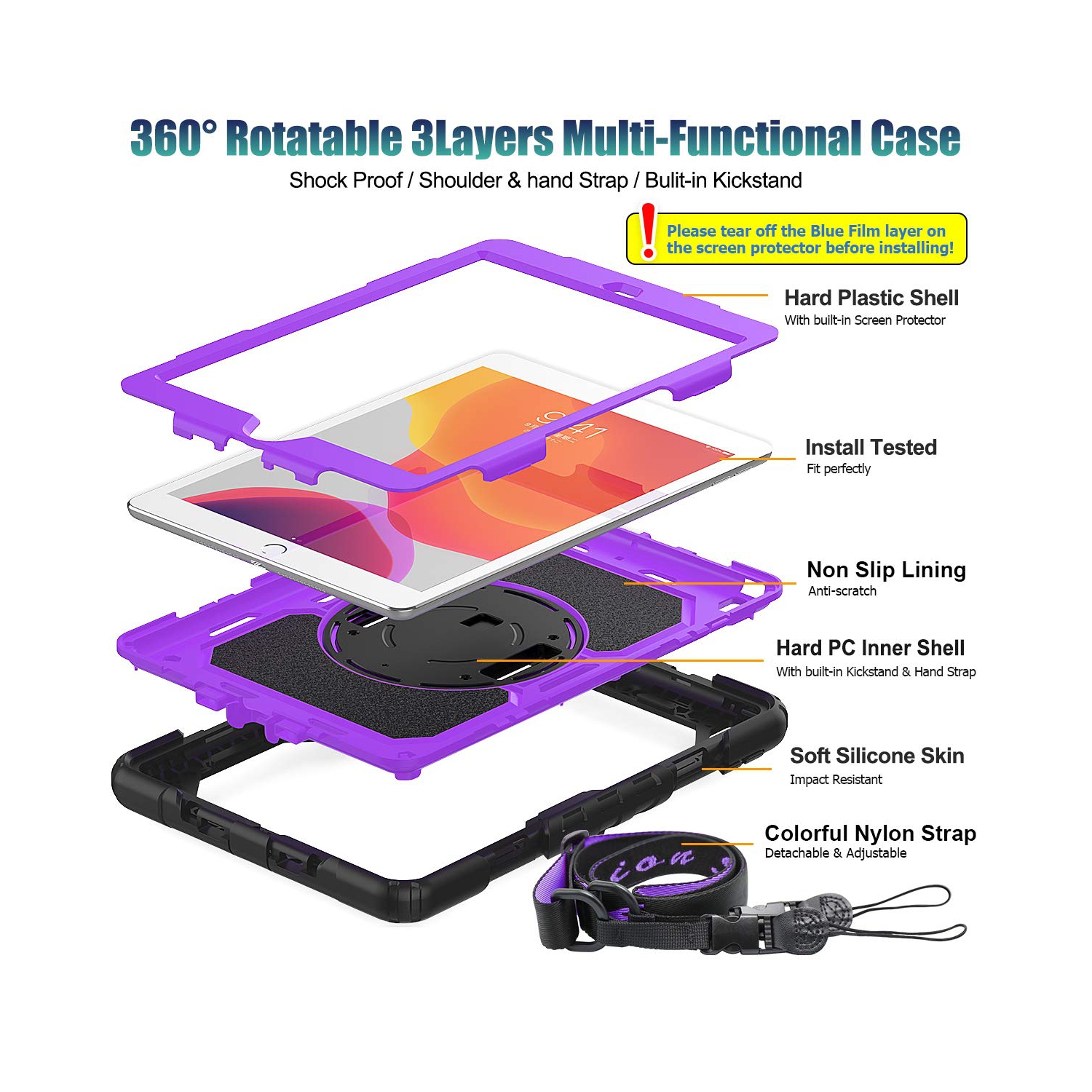 SEYMAC stock Case for iPad 9th/8th/7th Generation Case, Three Layer Drop Protection Case with 360 Rotating Stand Hand Stra