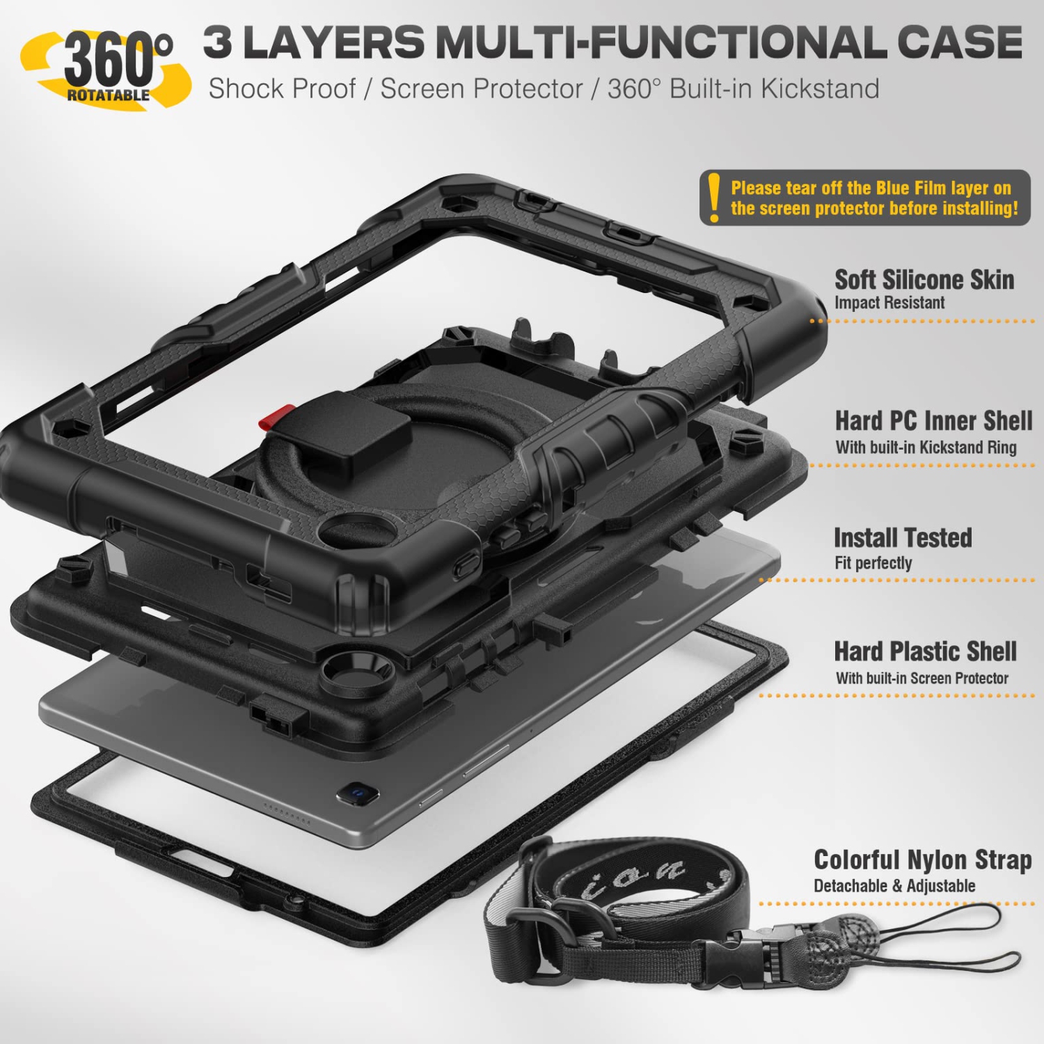 navor Compatible with Galaxy Tab A7 Lite 8.7” 2021, Built in Screen Protector, Shockproof Heavy Duty Protective Rugged Cover with Shoulder Strap